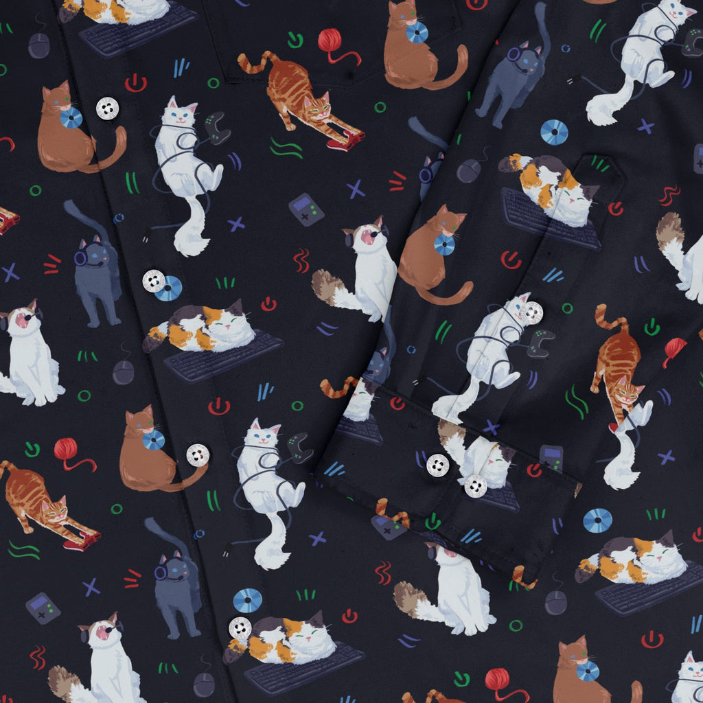 Video Game Cats Dark Long Sleeve Button Up Shirt Geek Nerd adult sizing Animal Patterns Design by Claire Murphy