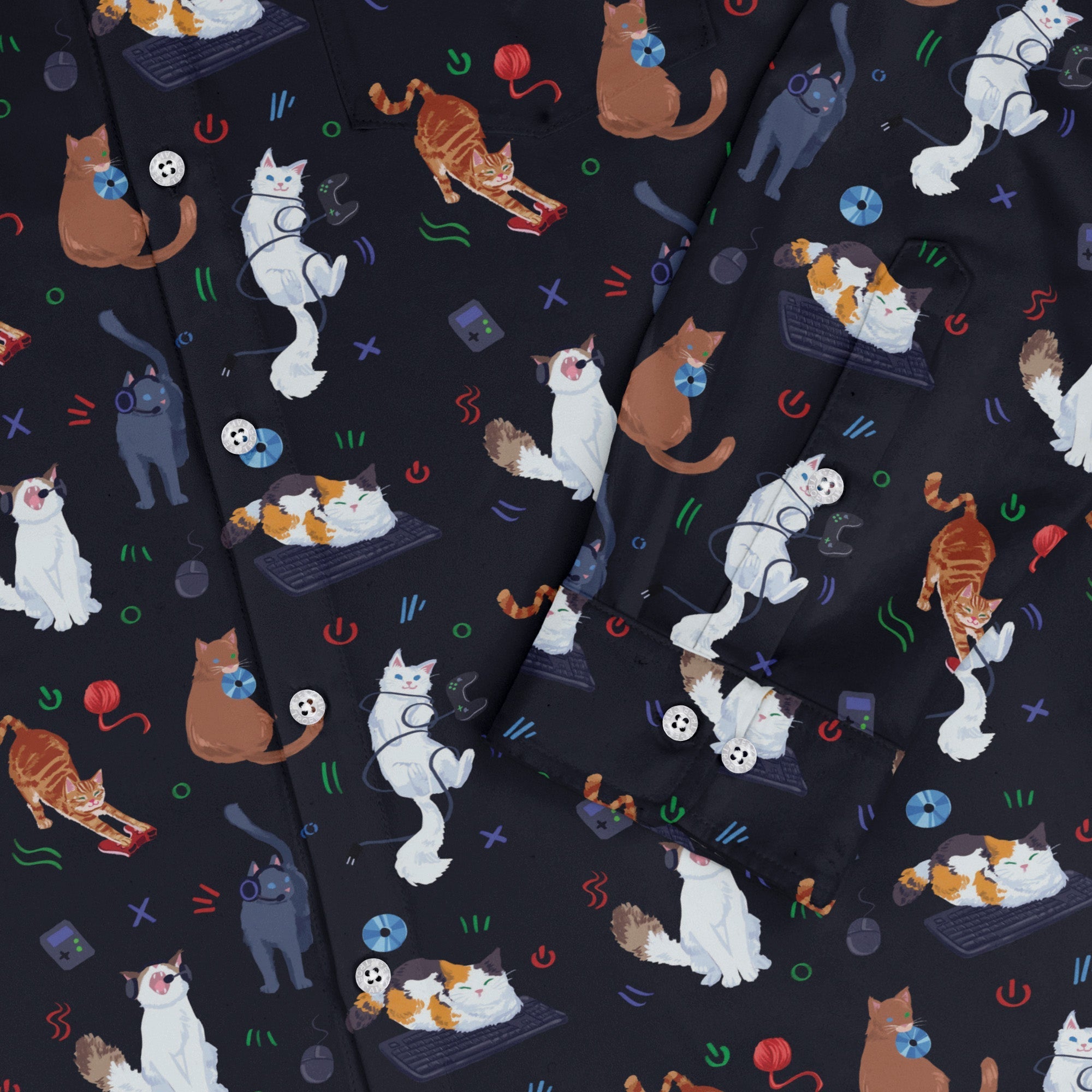 Video Game Cats Dark Long Sleeve Button Up Shirt Geek Nerd adult sizing Animal Patterns Design by Claire Murphy