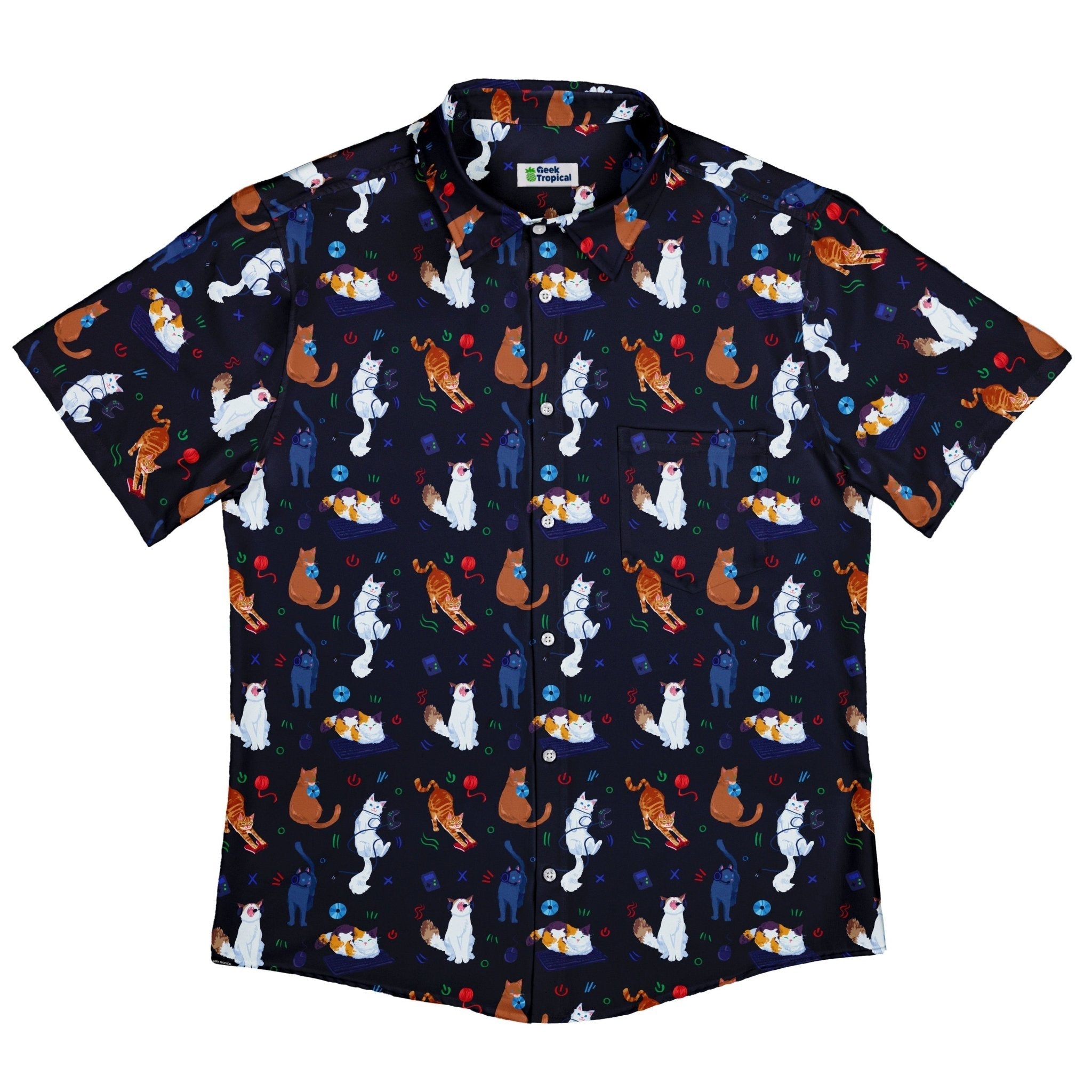 Ready - to - Ship Video Game Cats Dark Button Up Shirt Geek Nerd adult sizing Animal Patterns Design by Claire Murphy