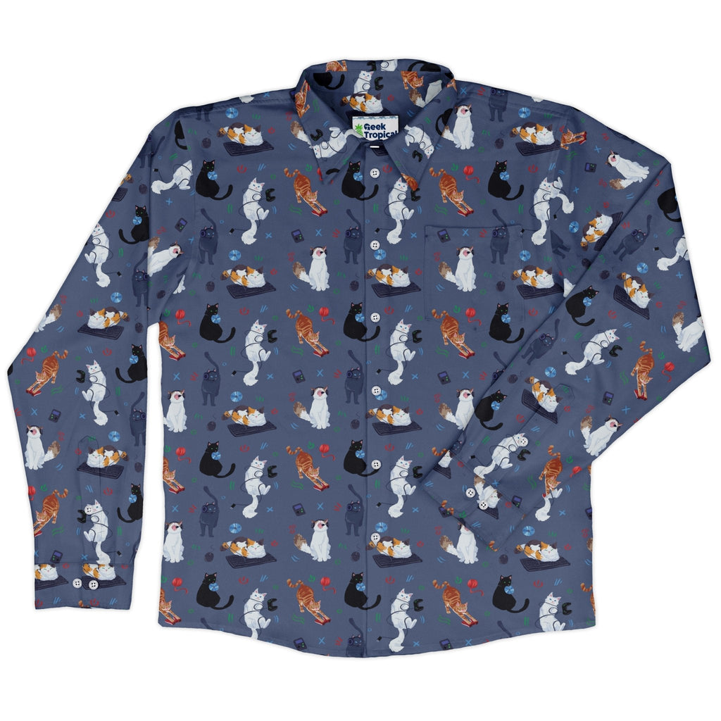 Video Game Cats Light Long Sleeve Button Up Shirt Geek Nerd adult sizing Animal Patterns Design by Claire Murphy
