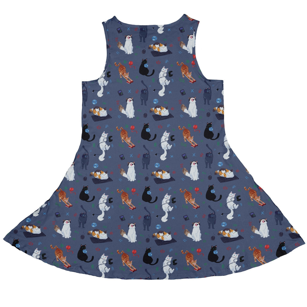 Video Game Cats Light Dress Geek Nerd Animal Patterns Design by Claire Murphy lx - C