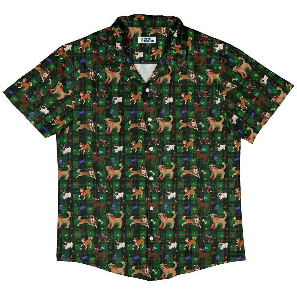 Video Game Dogs Christmas Button Up Shirt Geek Nerd adult sizing Christmas Print Design by Claire Murphy