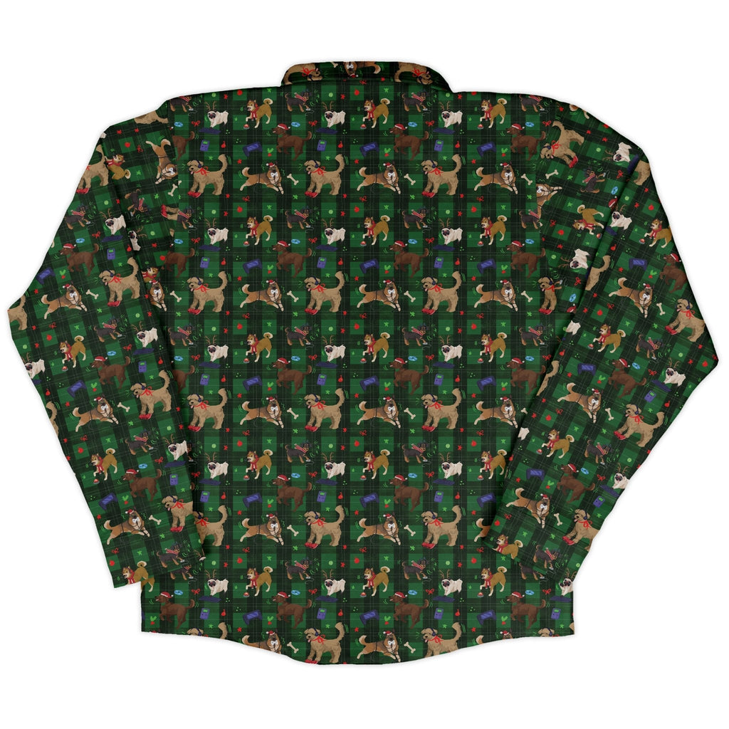 Video Game Dogs Christmas Long Sleeve Button Up Shirt Geek Nerd adult sizing Christmas Print Design by Claire Murphy