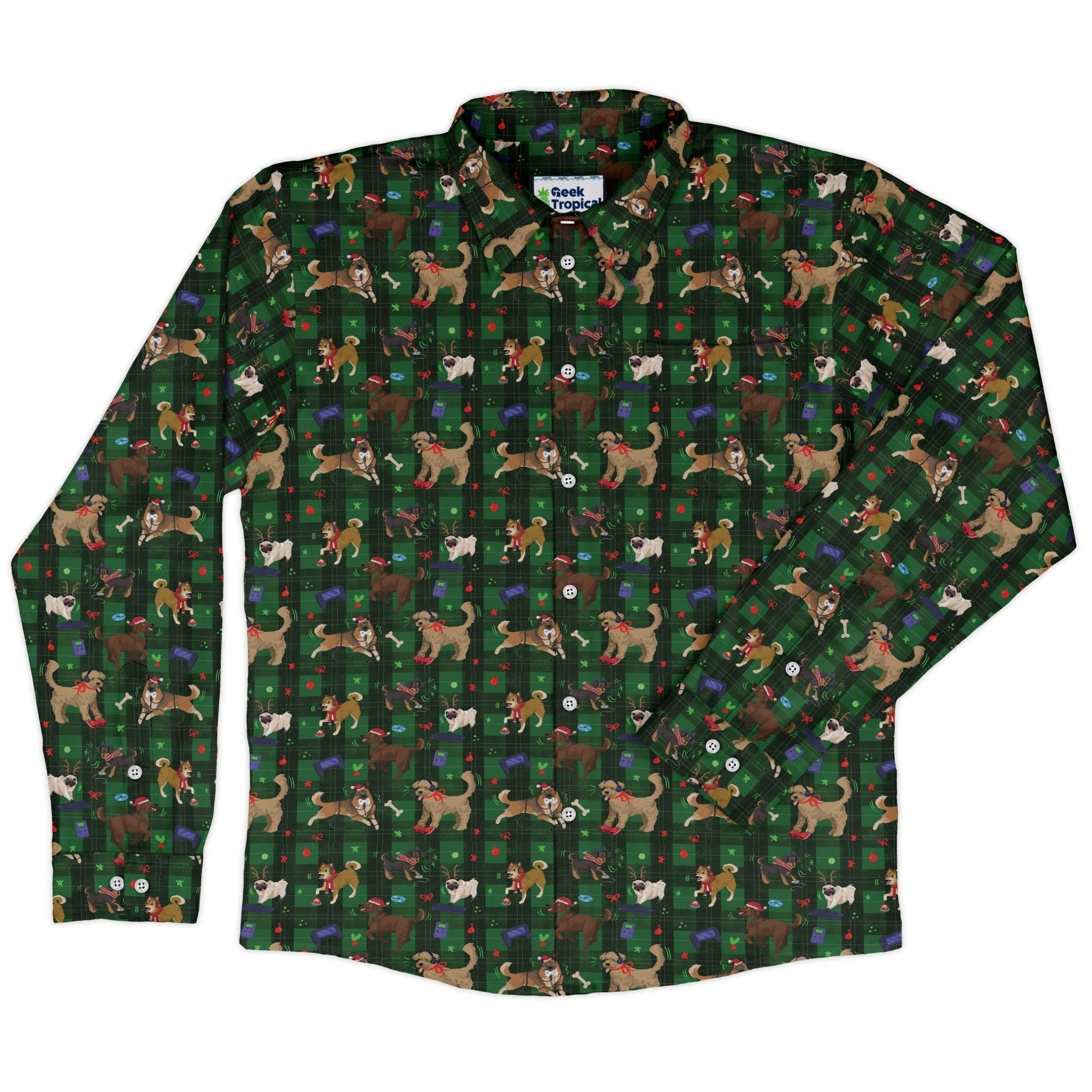 Video Game Dogs Christmas Long Sleeve Button Up Shirt Geek Nerd adult sizing Christmas Print Design by Claire Murphy