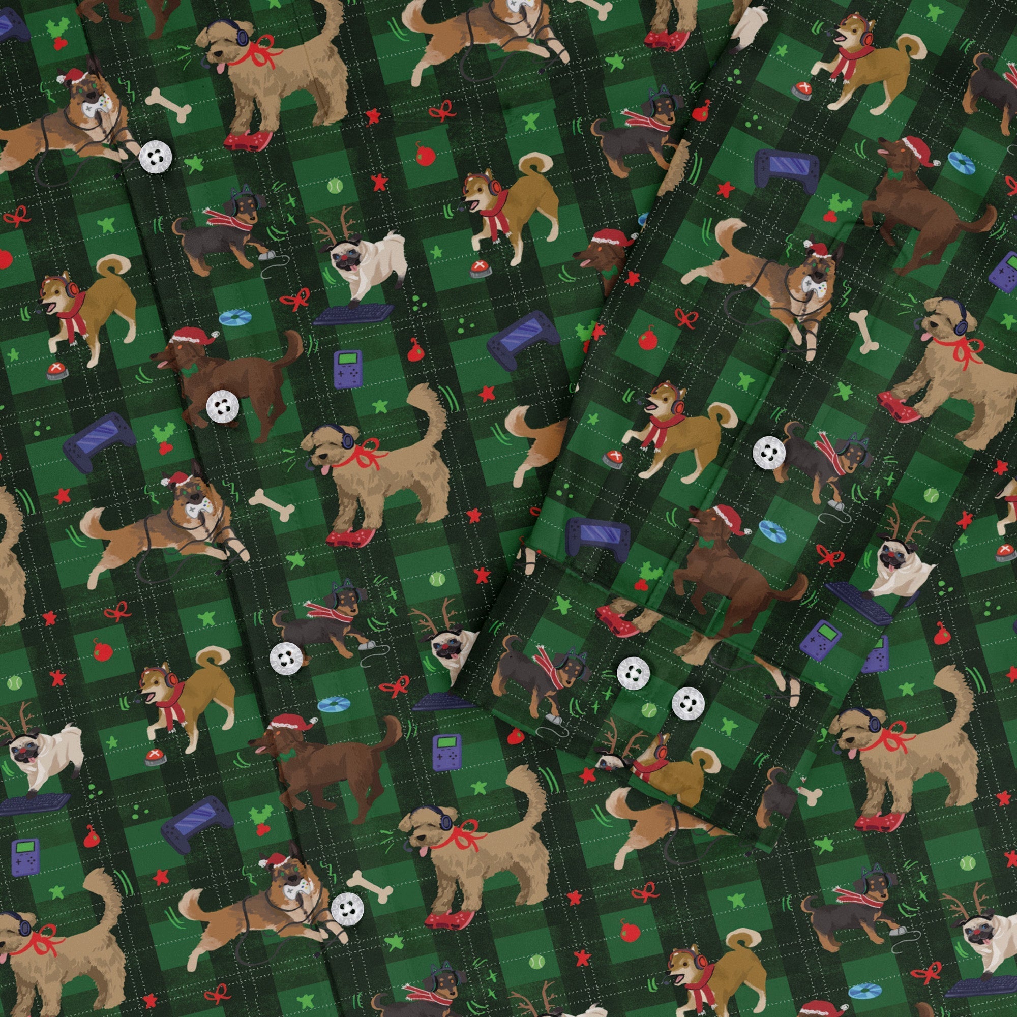 Video Game Dogs Christmas Long Sleeve Button Up Shirt Geek Nerd adult sizing Christmas Print Design by Claire Murphy
