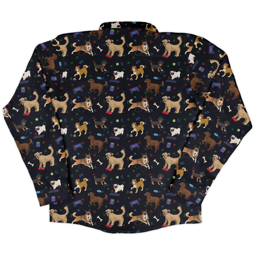 Video Game Dogs Dark Long Sleeve Button Up Shirt Geek Nerd adult sizing Animal Patterns Design by Claire Murphy