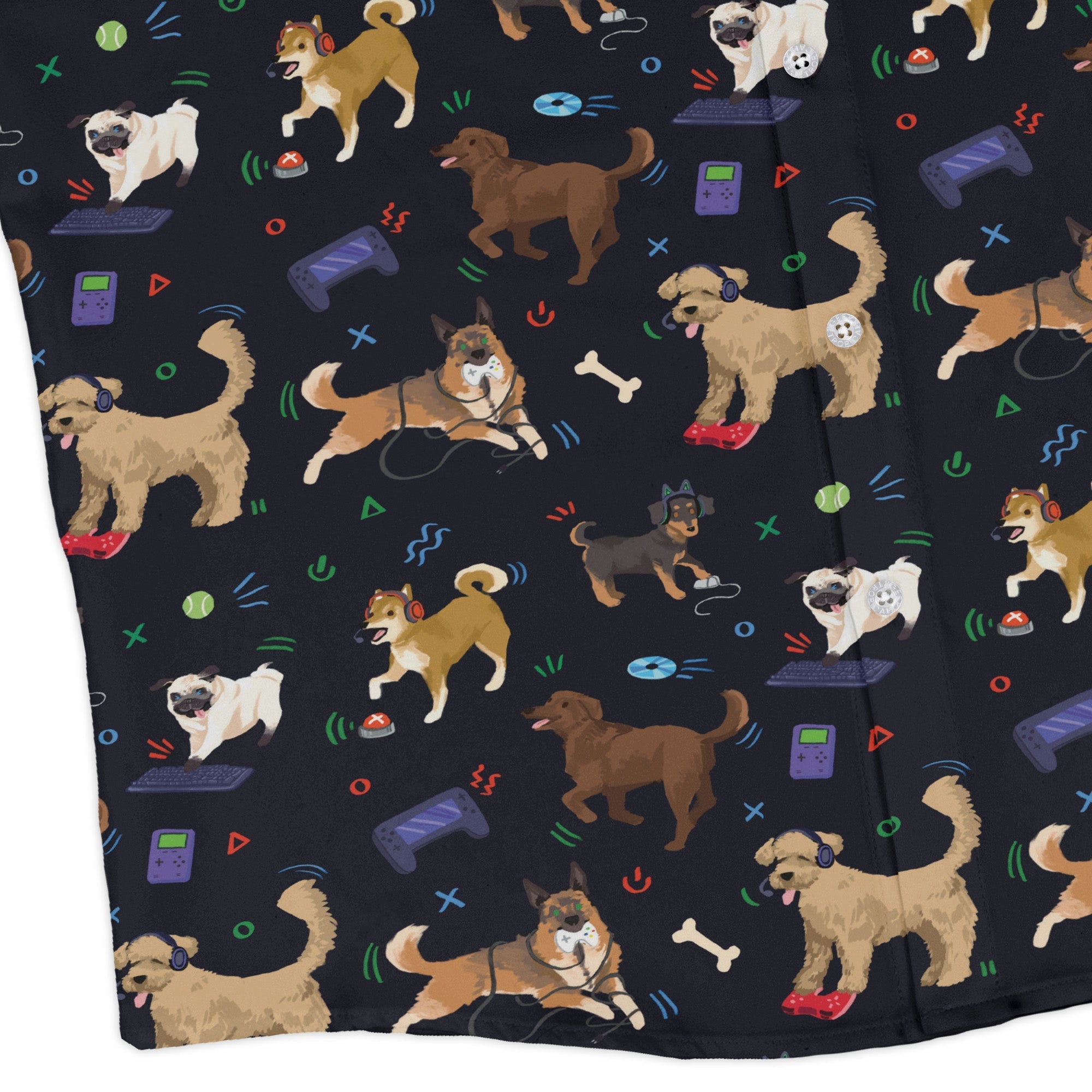 Video Game Dogs Dark Long Sleeve Button Up Shirt Geek Nerd adult sizing Animal Patterns Design by Claire Murphy