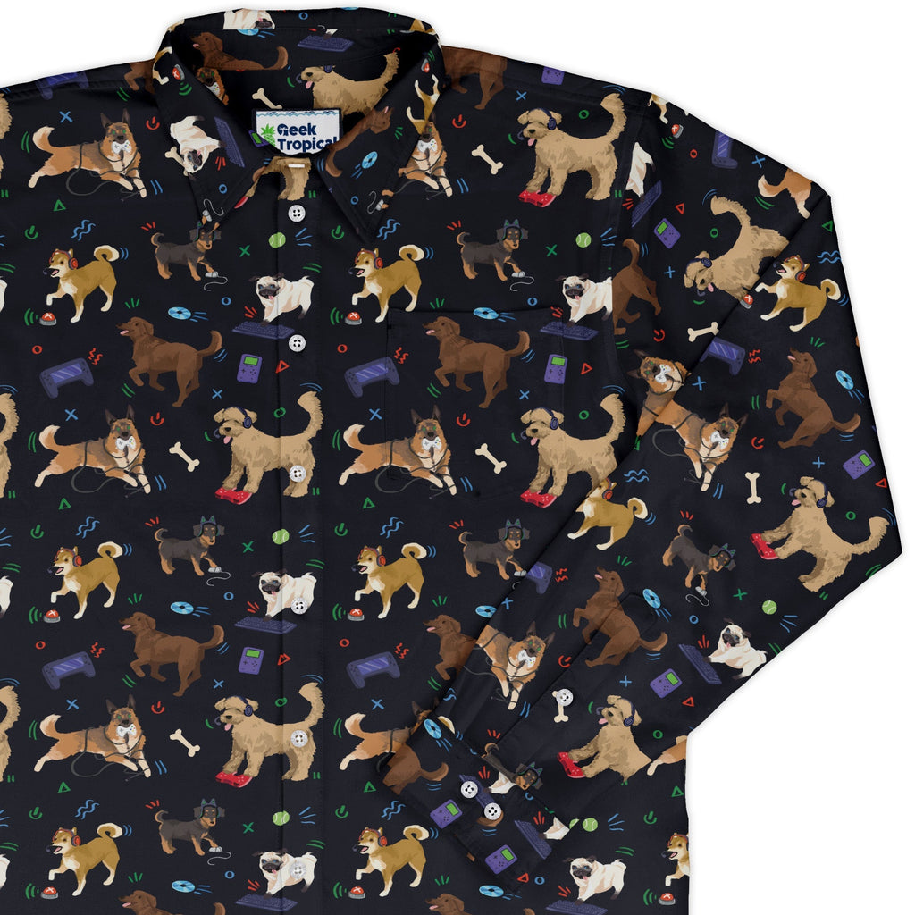 Video Game Dogs Dark Long Sleeve Button Up Shirt Geek Nerd adult sizing Animal Patterns Design by Claire Murphy