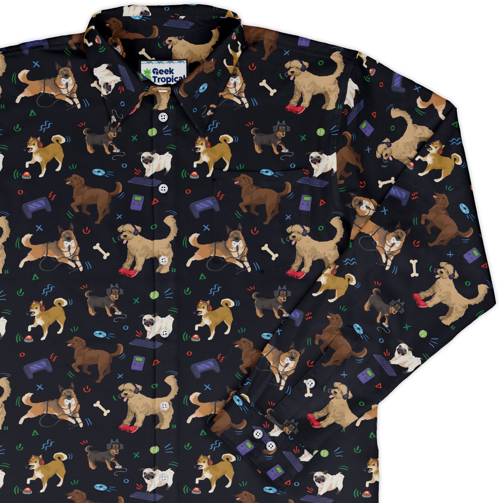 Video Game Dogs Dark Long Sleeve Button Up Shirt Geek Nerd adult sizing Animal Patterns Design by Claire Murphy