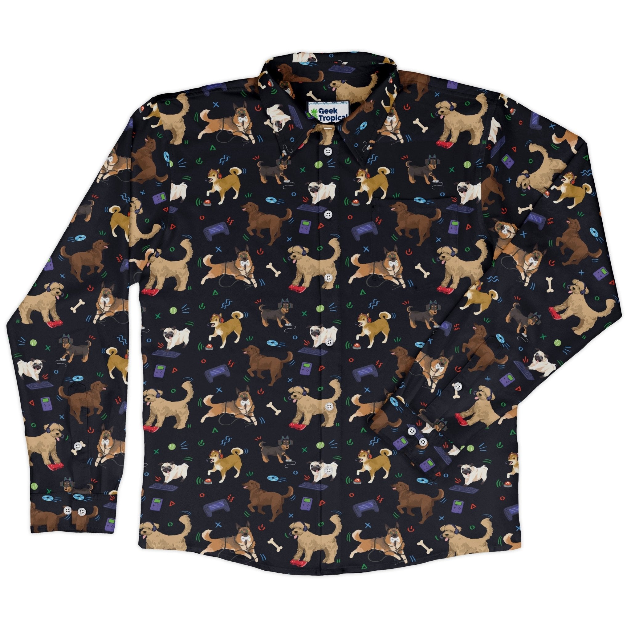 Video Game Dogs Dark Long Sleeve Button Up Shirt Geek Nerd adult sizing Animal Patterns Design by Claire Murphy