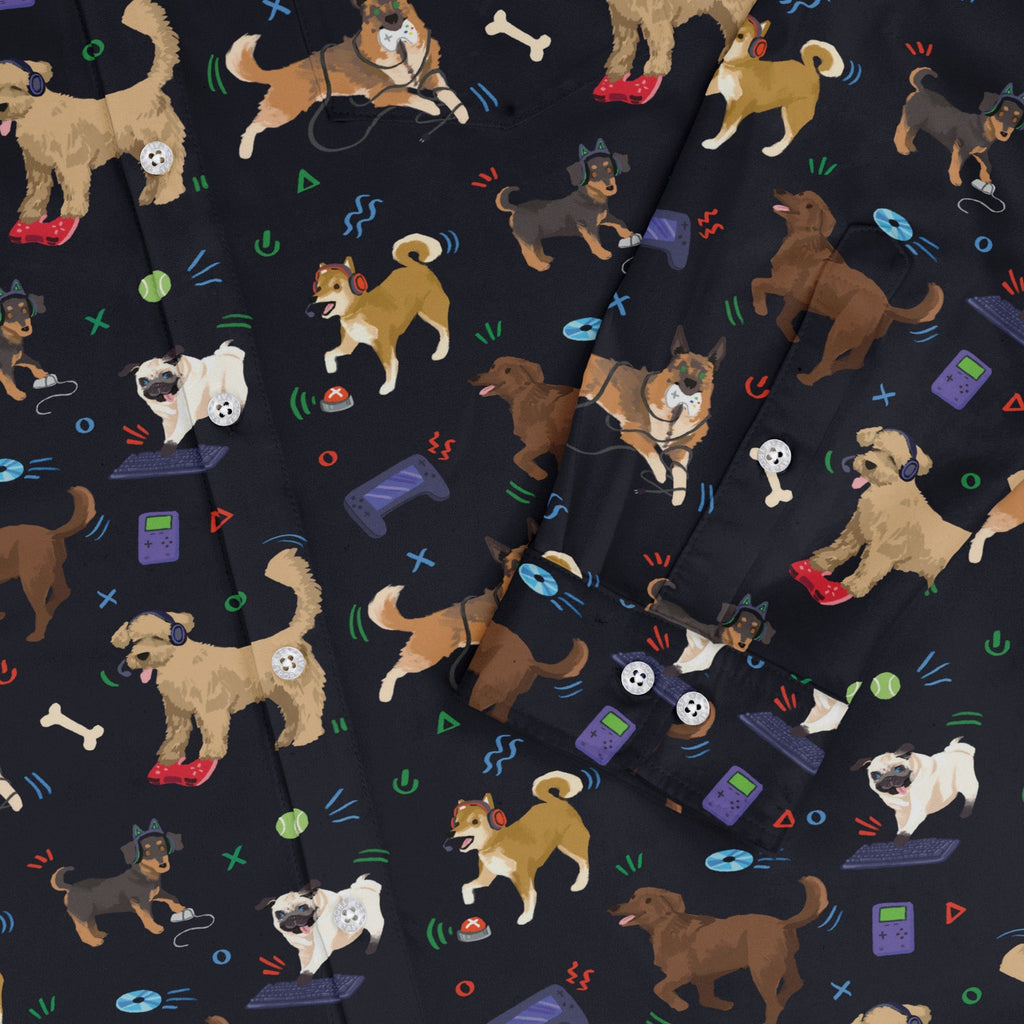 Video Game Dogs Dark Long Sleeve Button Up Shirt Geek Nerd adult sizing Animal Patterns Design by Claire Murphy