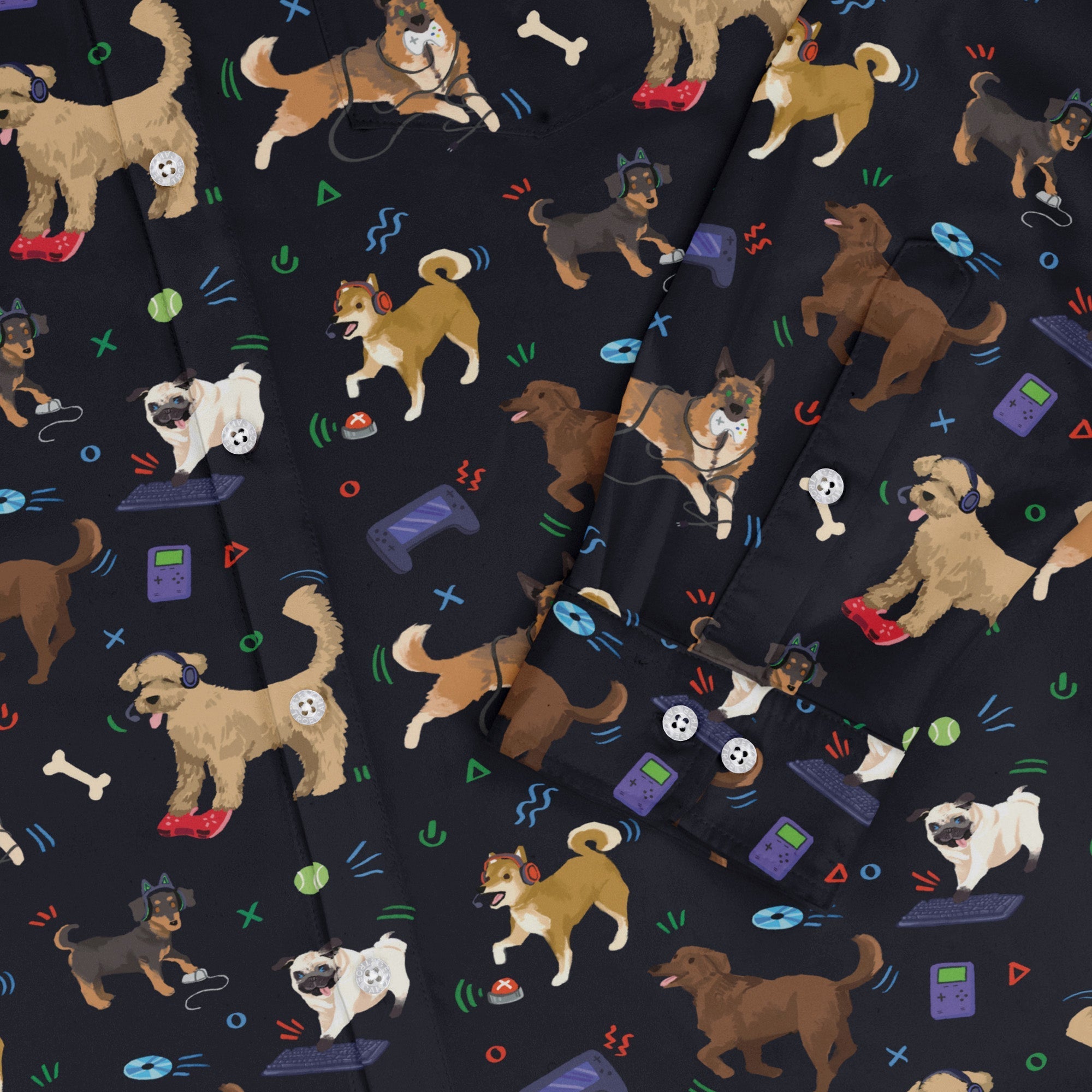 Video Game Dogs Dark Long Sleeve Button Up Shirt Geek Nerd adult sizing Animal Patterns Design by Claire Murphy