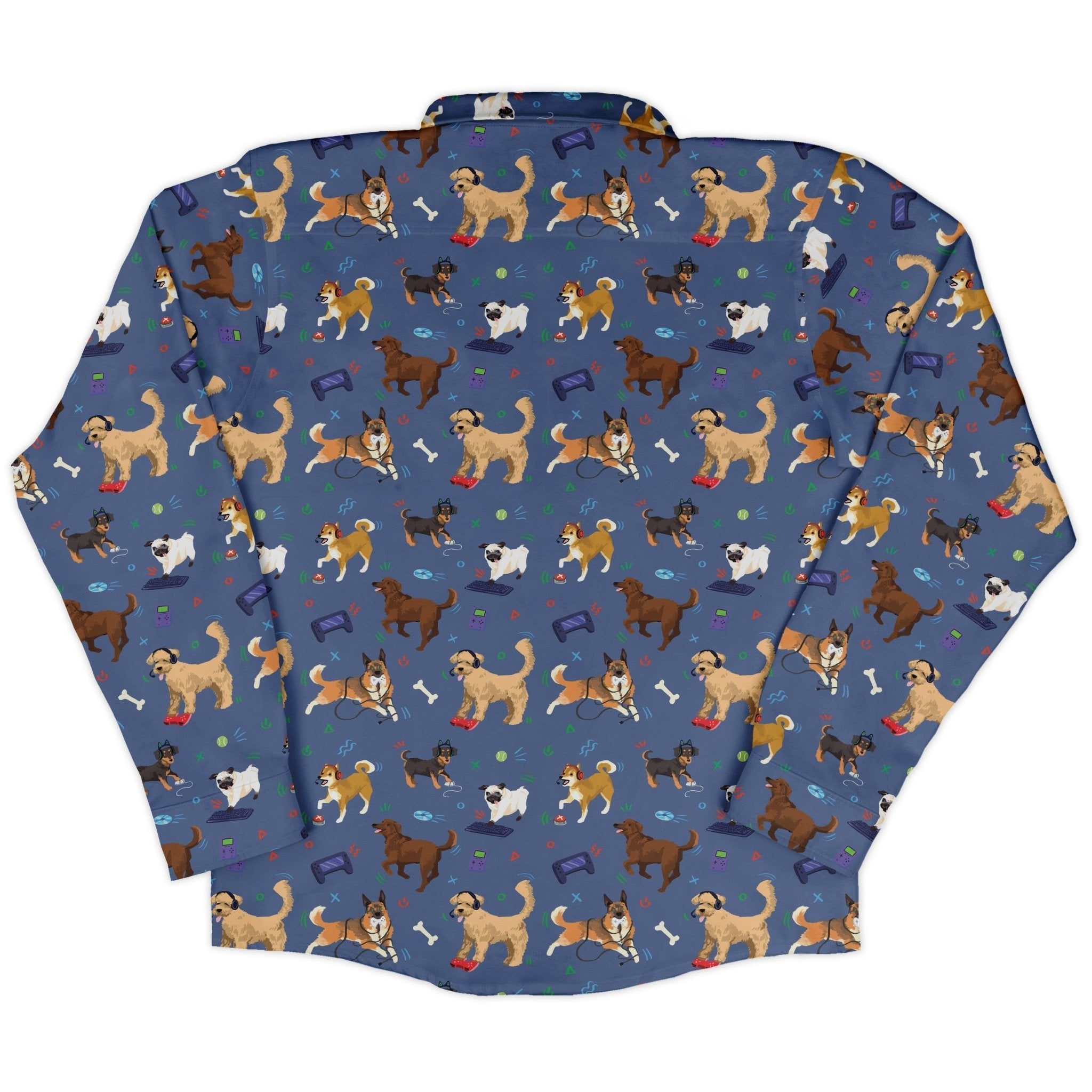 Video Game Dogs Light Long Sleeve Button Up Shirt Geek Nerd adult sizing Animal Patterns Design by Claire Murphy