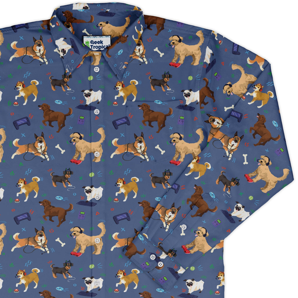 Video Game Dogs Light Long Sleeve Button Up Shirt Geek Nerd adult sizing Animal Patterns Design by Claire Murphy