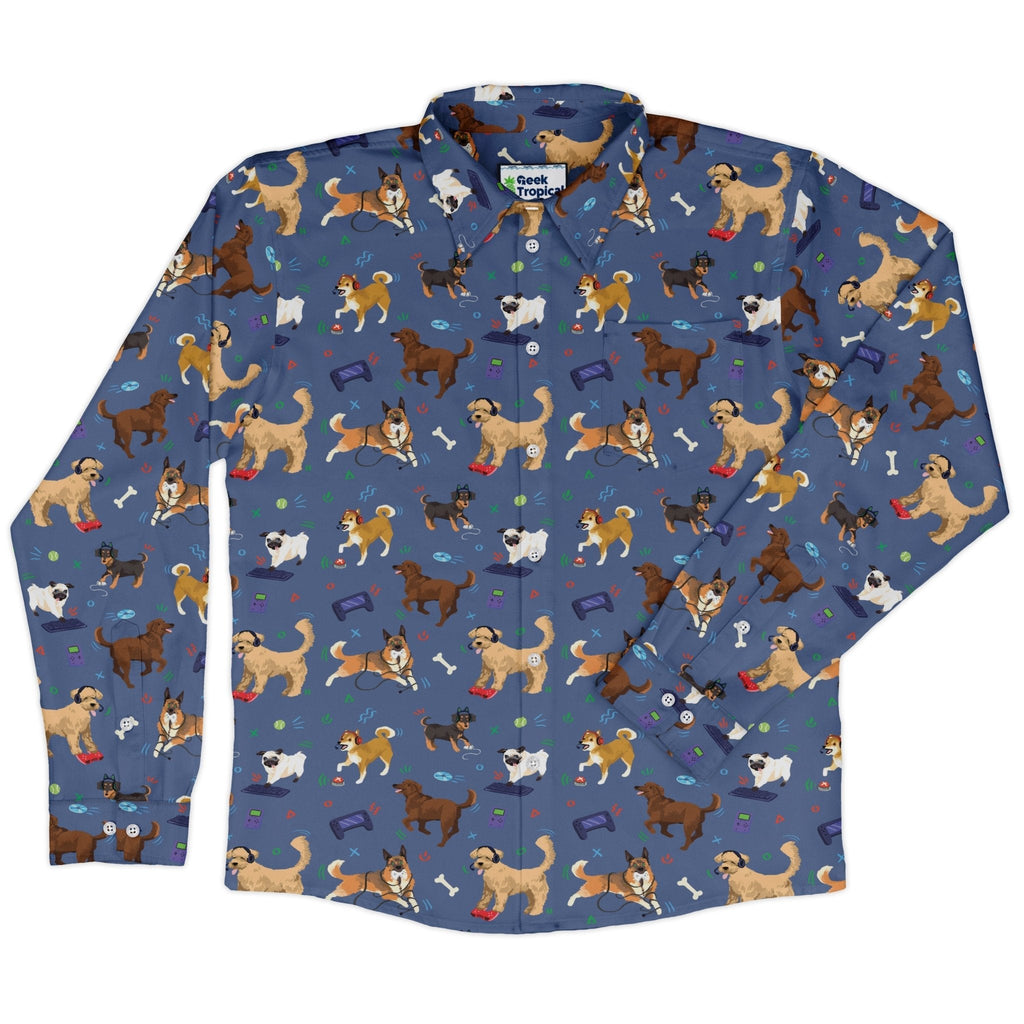 Video Game Dogs Light Long Sleeve Button Up Shirt Geek Nerd adult sizing Animal Patterns Design by Claire Murphy