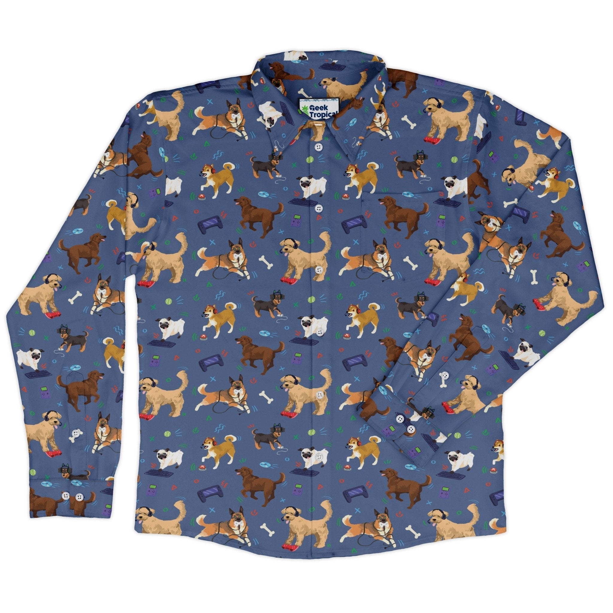 Video Game Dogs Light Long Sleeve Button Up Shirt Geek Nerd adult sizing Animal Patterns Design by Claire Murphy