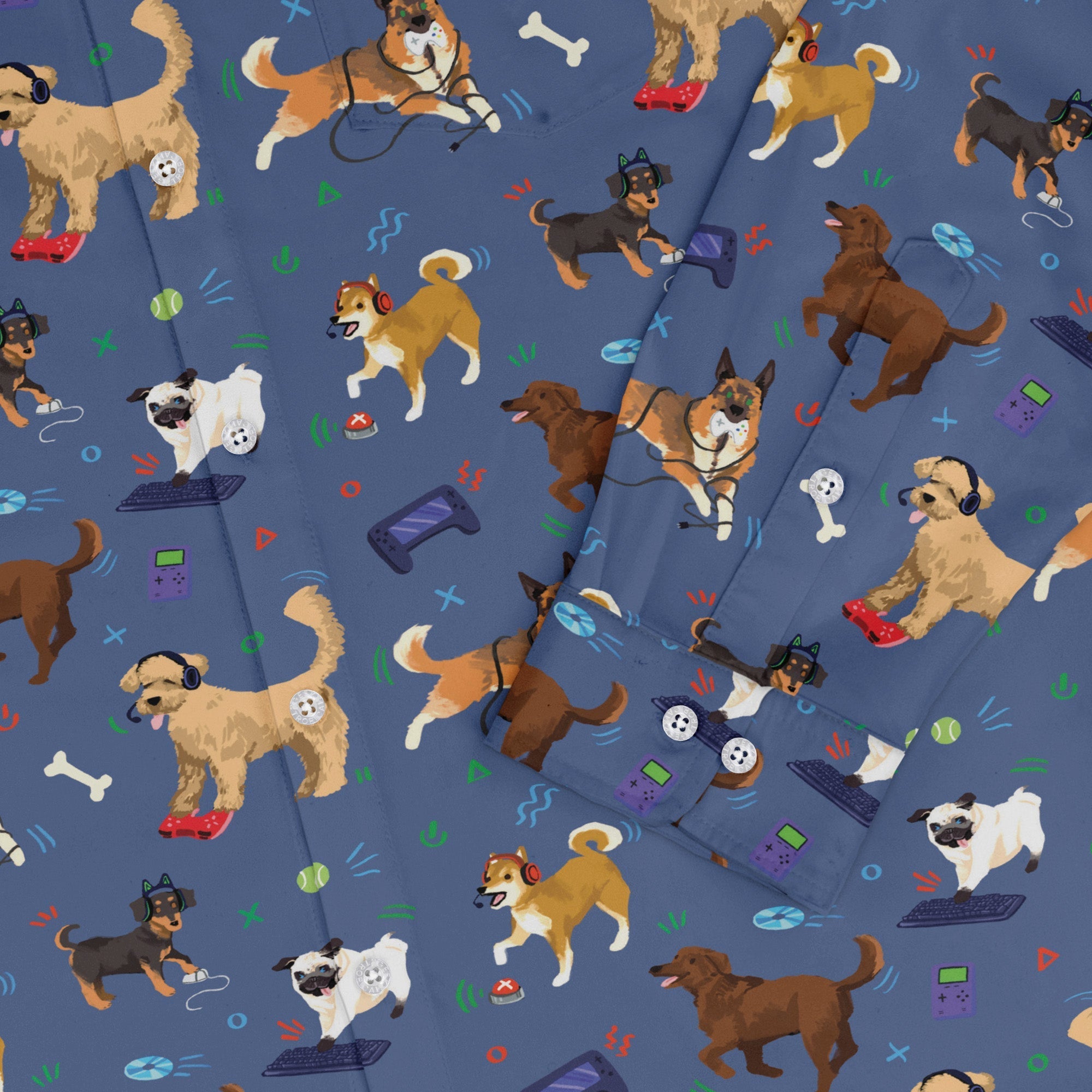 Video Game Dogs Light Long Sleeve Button Up Shirt Geek Nerd adult sizing Animal Patterns Design by Claire Murphy