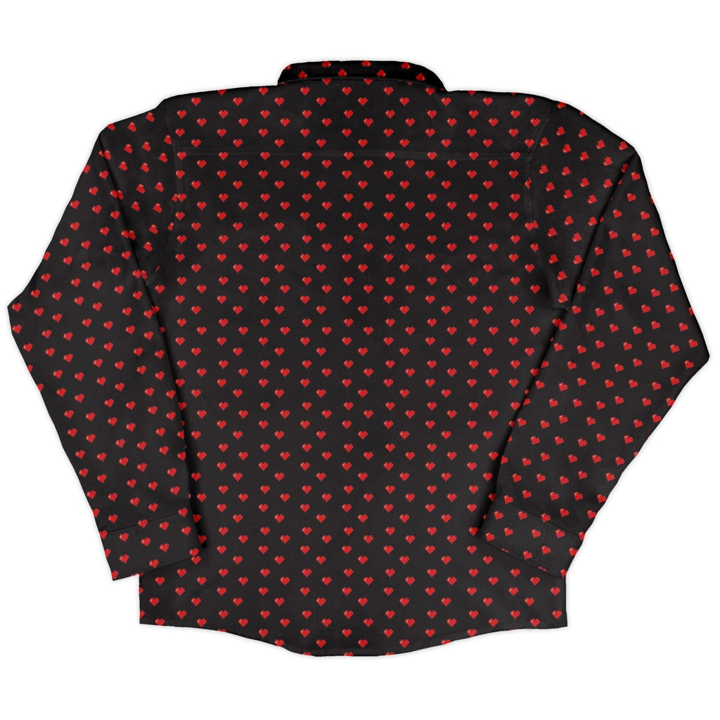 Video Game Hearts Black Long Sleeve Button Up Shirt Geek Nerd adult sizing Design by Heather Davenport FLOW DESC WRITING