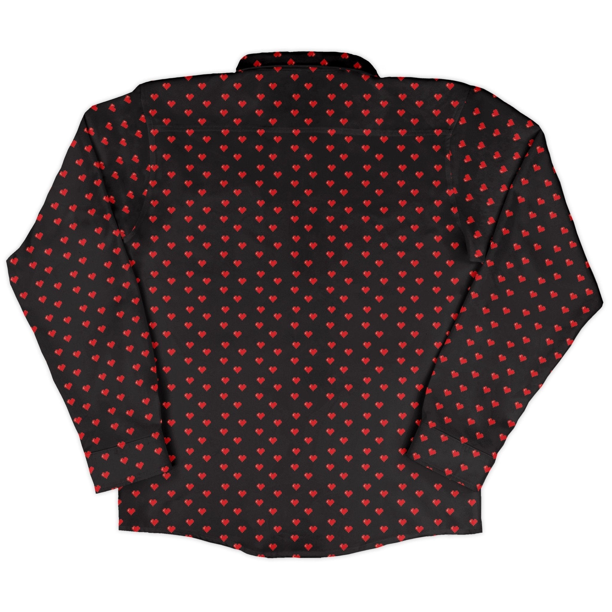 Video Game Hearts Black Long Sleeve Button Up Shirt Geek Nerd adult sizing Design by Heather Davenport FLOW DESC WRITING