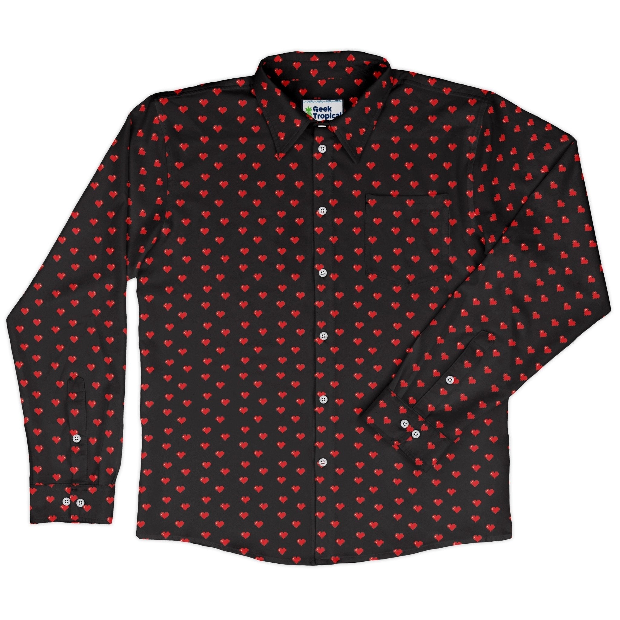 Video Game Hearts Black Long Sleeve Button Up Shirt Geek Nerd adult sizing Design by Heather Davenport FLOW DESC WRITING