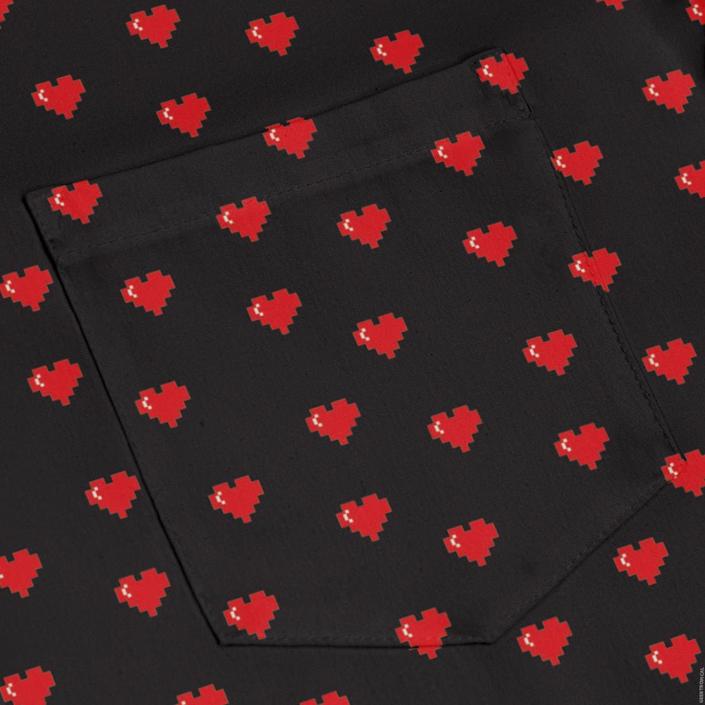 Video Game Hearts Black Long Sleeve Button Up Shirt Geek Nerd adult sizing Design by Heather Davenport FLOW DESC WRITING
