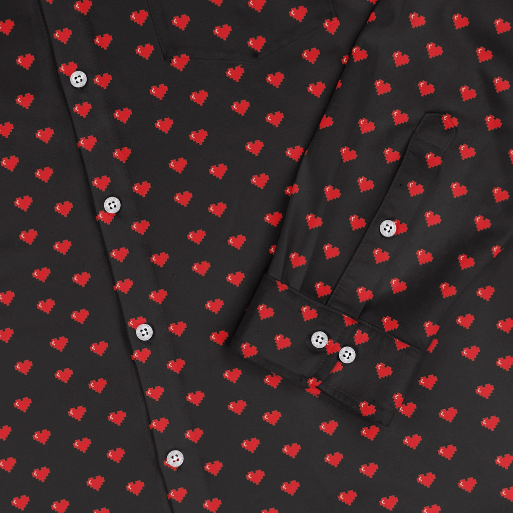 Video Game Hearts Black Long Sleeve Button Up Shirt Geek Nerd adult sizing Design by Heather Davenport FLOW DESC WRITING