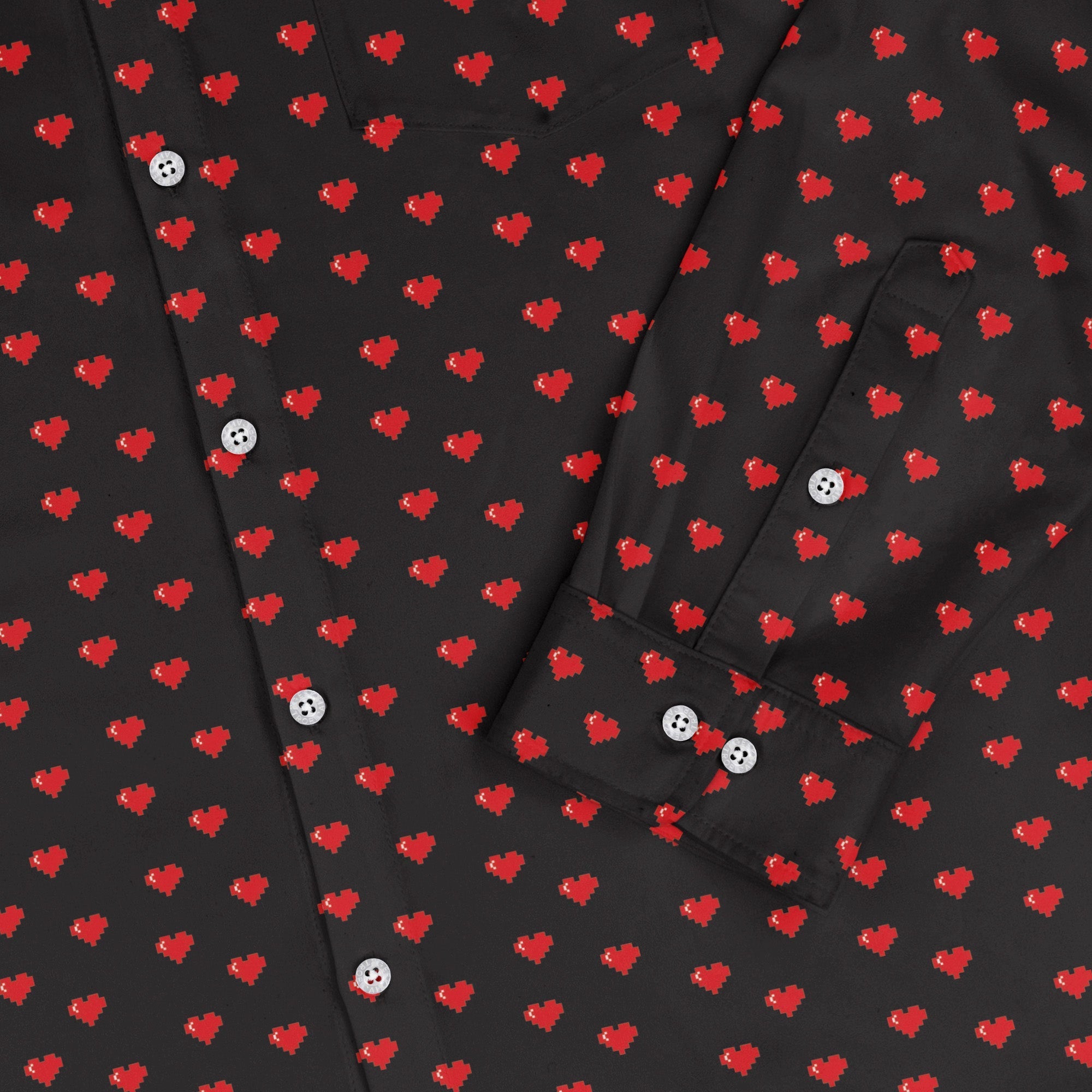 Video Game Hearts Black Long Sleeve Button Up Shirt Geek Nerd adult sizing Design by Heather Davenport FLOW DESC WRITING