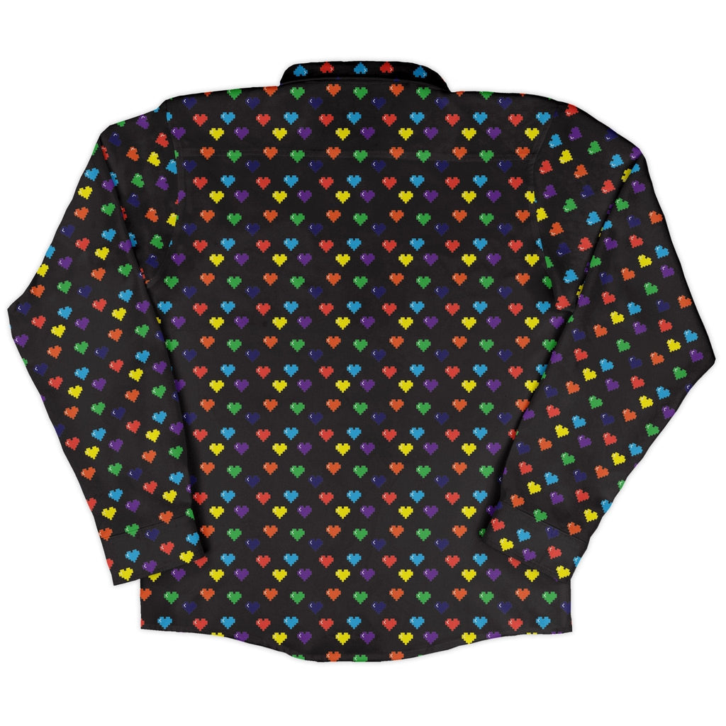 Video Game LGBTQ+ Pride Hearts Long Sleeve Button Up Shirt Geek Nerd adult sizing Design by Heather Davenport Pride Patterns