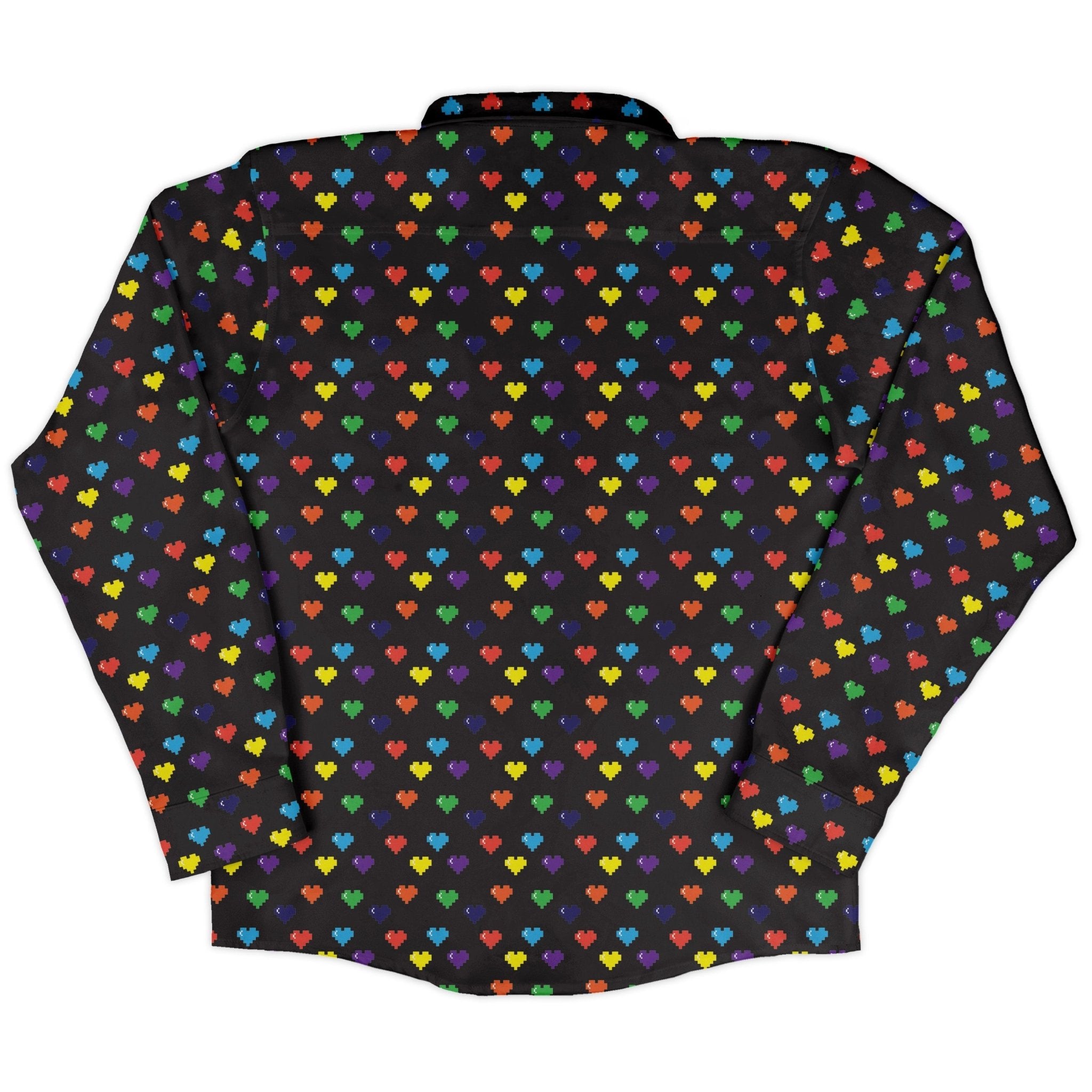 Video Game LGBTQ+ Pride Hearts Long Sleeve Button Up Shirt Geek Nerd adult sizing Design by Heather Davenport Pride Patterns