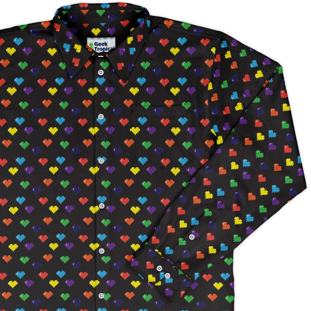 Video Game LGBTQ+ Pride Hearts Long Sleeve Button Up Shirt Geek Nerd adult sizing Design by Heather Davenport Pride Patterns