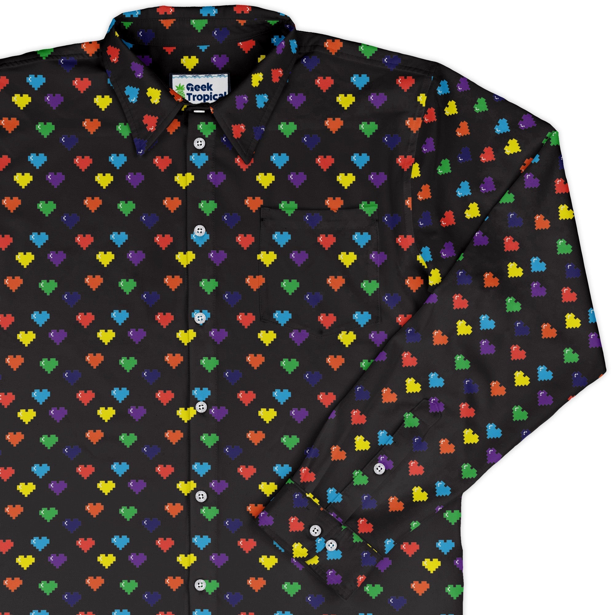 Video Game LGBTQ+ Pride Hearts Long Sleeve Button Up Shirt Geek Nerd adult sizing Design by Heather Davenport Pride Patterns