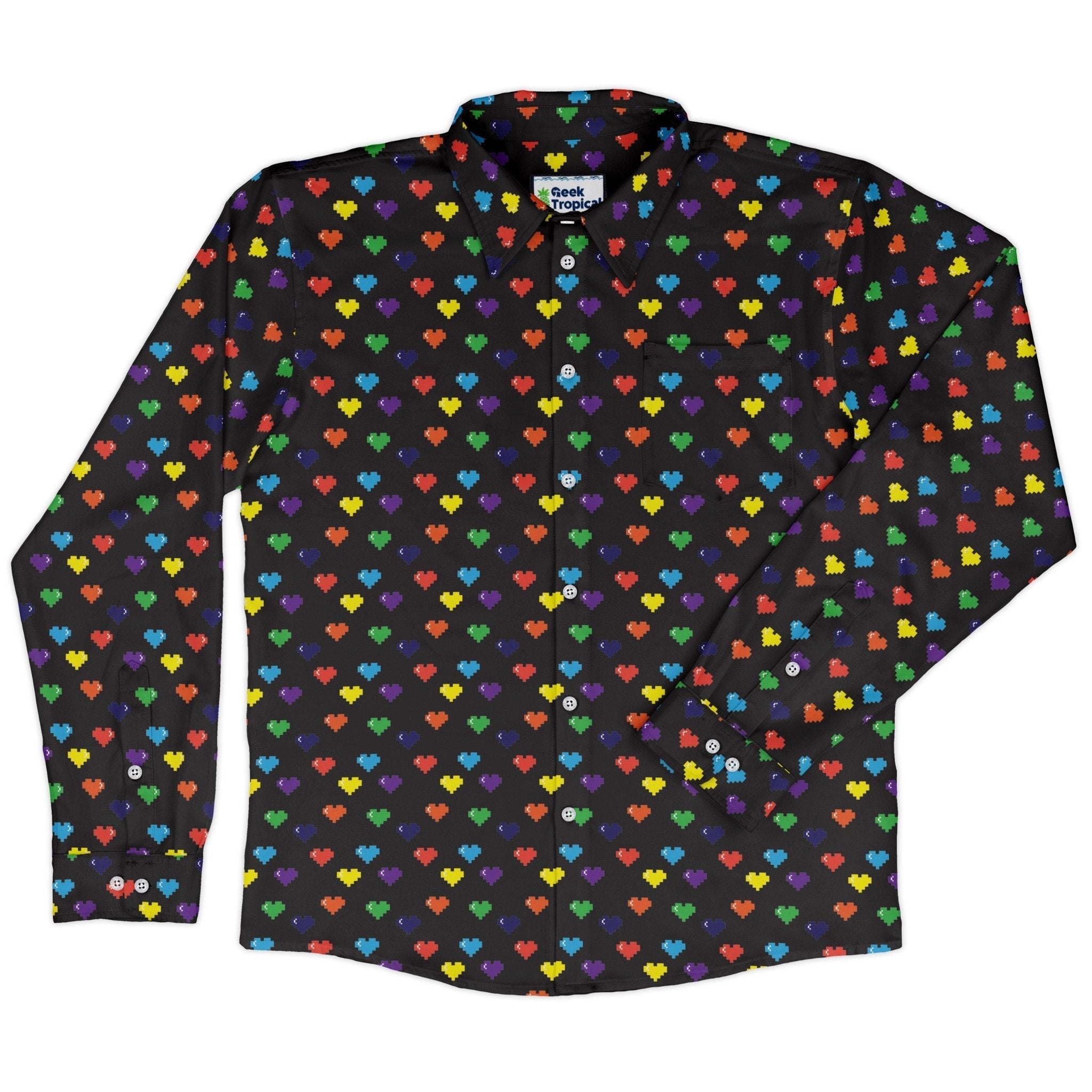 Video Game LGBTQ+ Pride Hearts Long Sleeve Button Up Shirt Geek Nerd adult sizing Design by Heather Davenport Pride Patterns