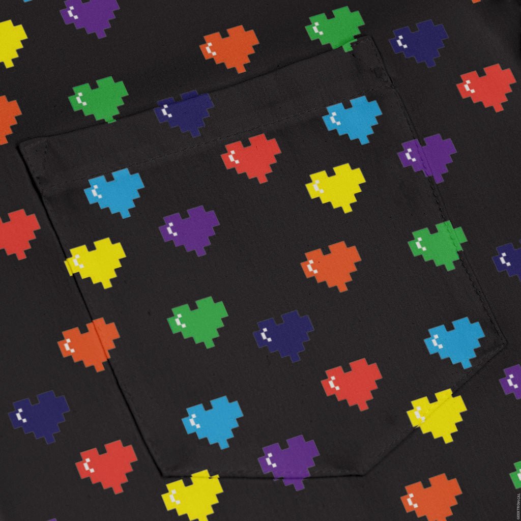 Video Game LGBTQ+ Pride Hearts Long Sleeve Button Up Shirt Geek Nerd adult sizing Design by Heather Davenport Pride Patterns