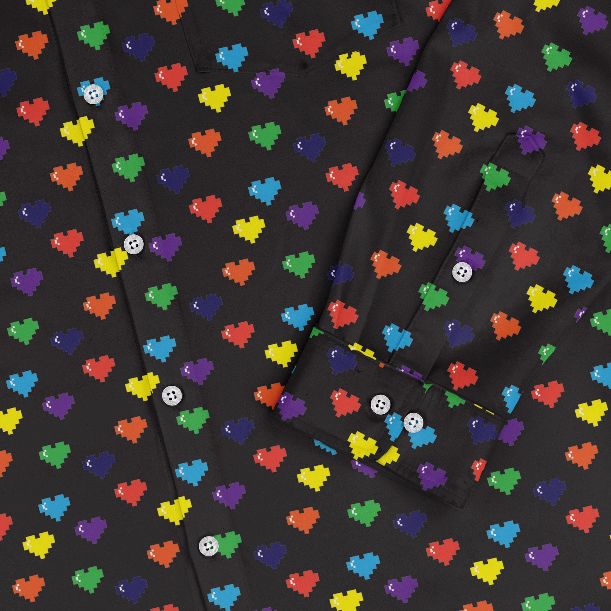 Video Game LGBTQ+ Pride Hearts Long Sleeve Button Up Shirt Geek Nerd adult sizing Design by Heather Davenport Pride Patterns