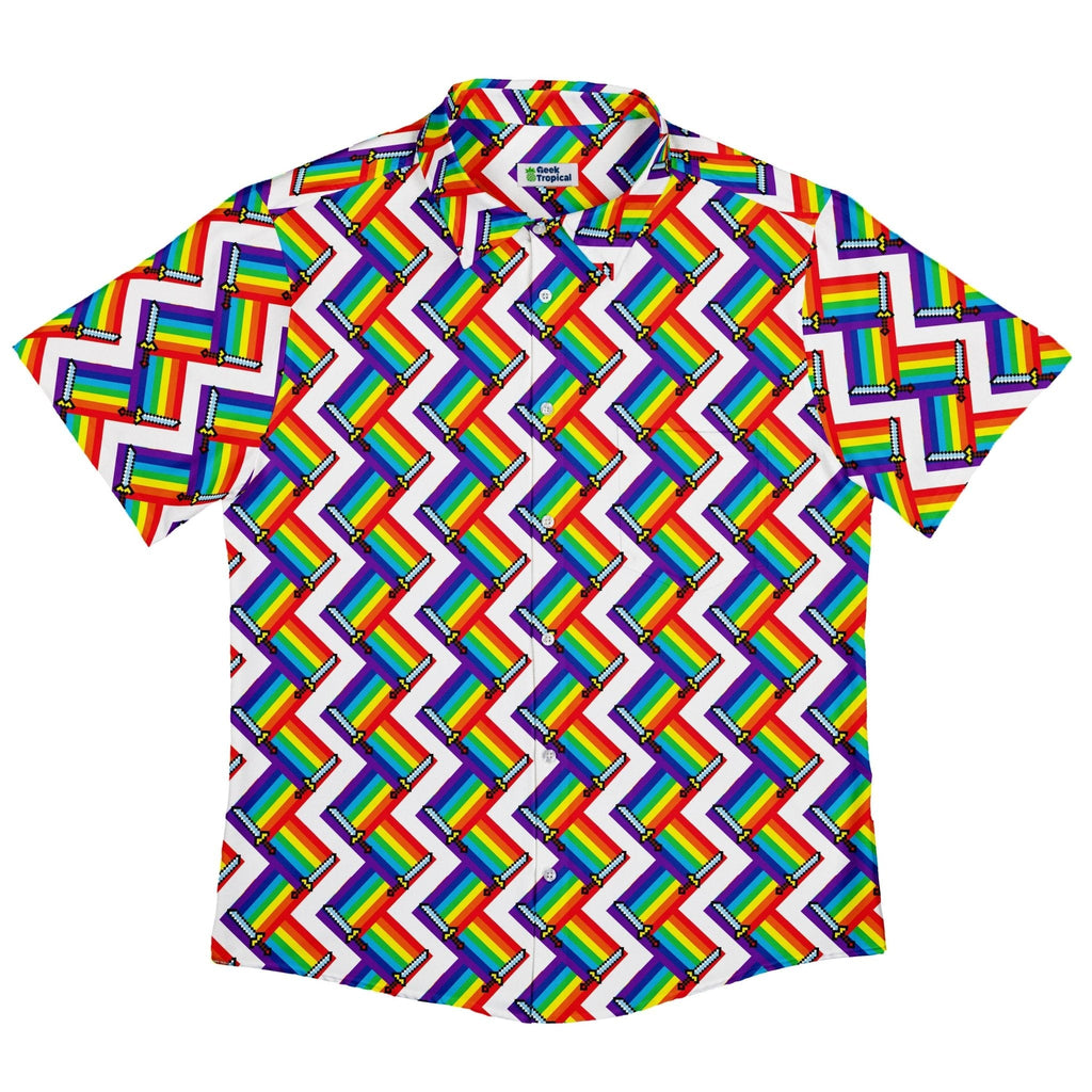 Video Game Swords Rainbow LGBTQ+ Pride Button Up Shirt - adult sizing - Design by Heather Davenport - Pride Patterns
