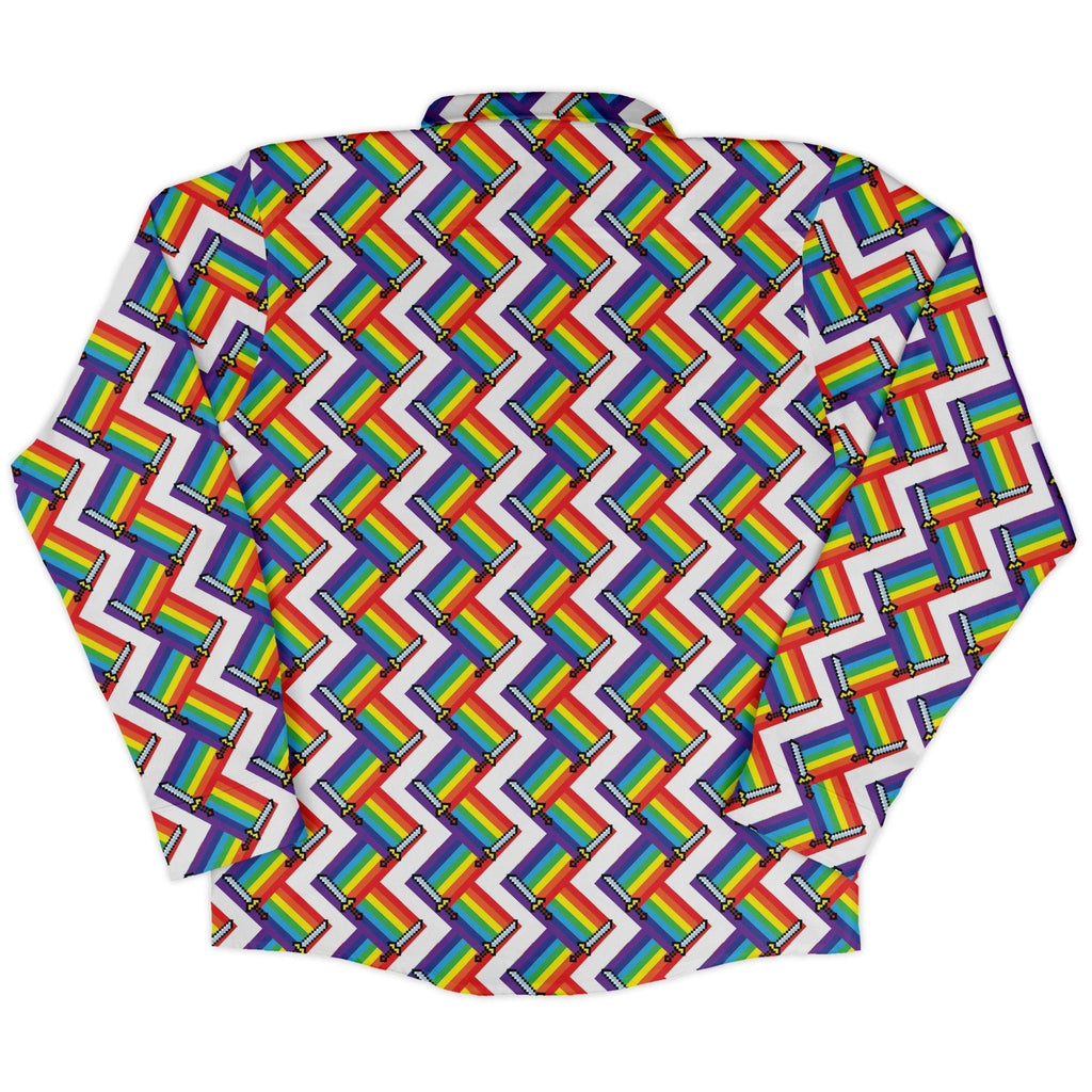 Video Game Swords Rainbow LGBTQ+ Pride Long Sleeve Button Up Shirt Geek Nerd adult sizing Design by Heather Davenport Pride Patterns