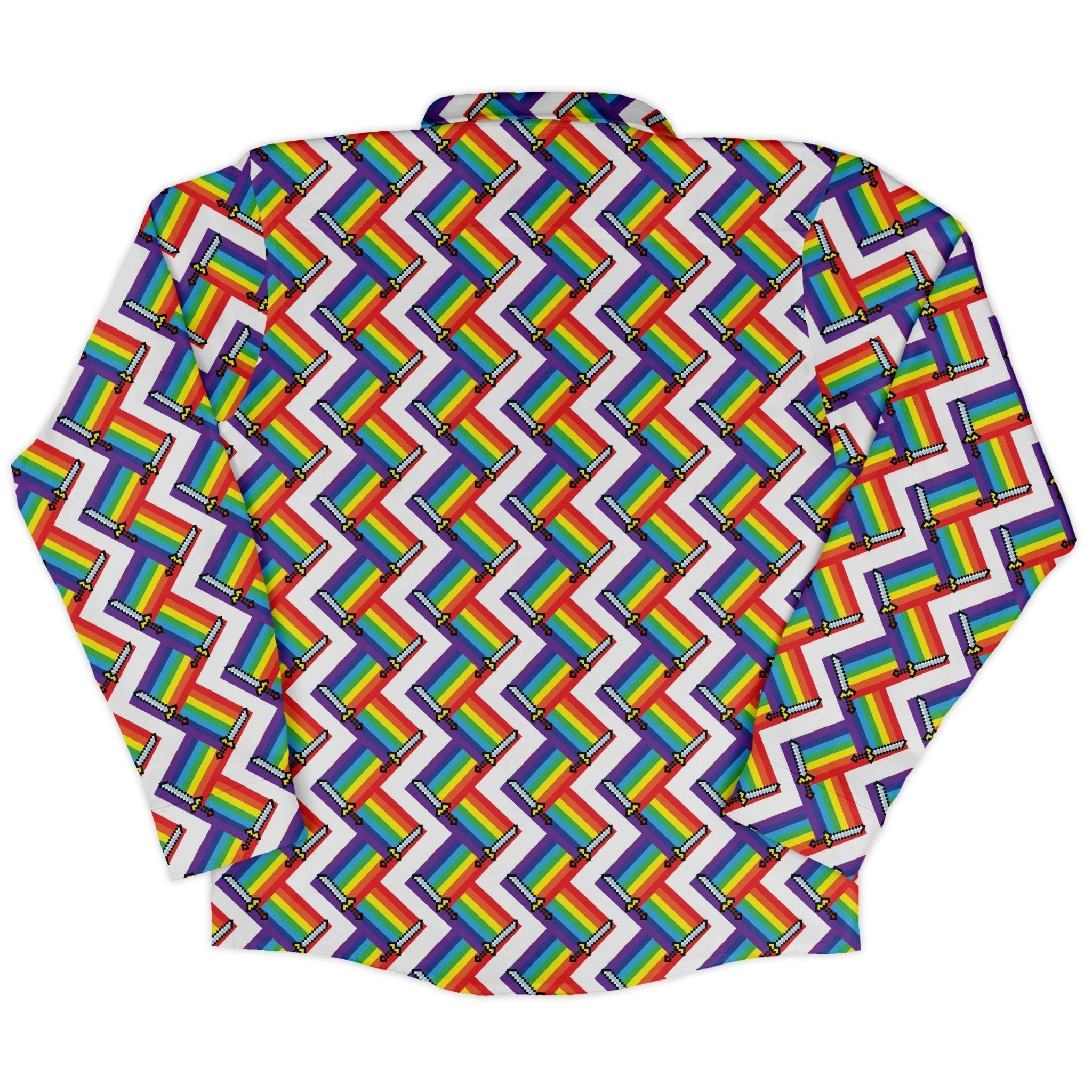 Video Game Swords Rainbow LGBTQ+ Pride Long Sleeve Button Up Shirt Geek Nerd adult sizing Design by Heather Davenport Pride Patterns