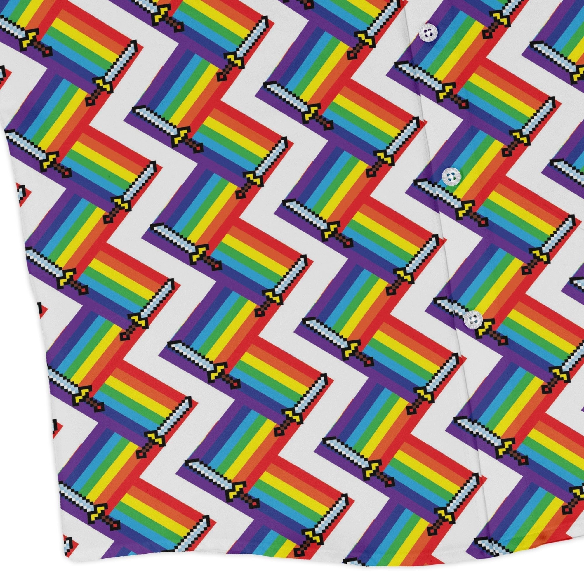 Video Game Swords Rainbow LGBTQ+ Pride Long Sleeve Button Up Shirt Geek Nerd adult sizing Design by Heather Davenport Pride Patterns