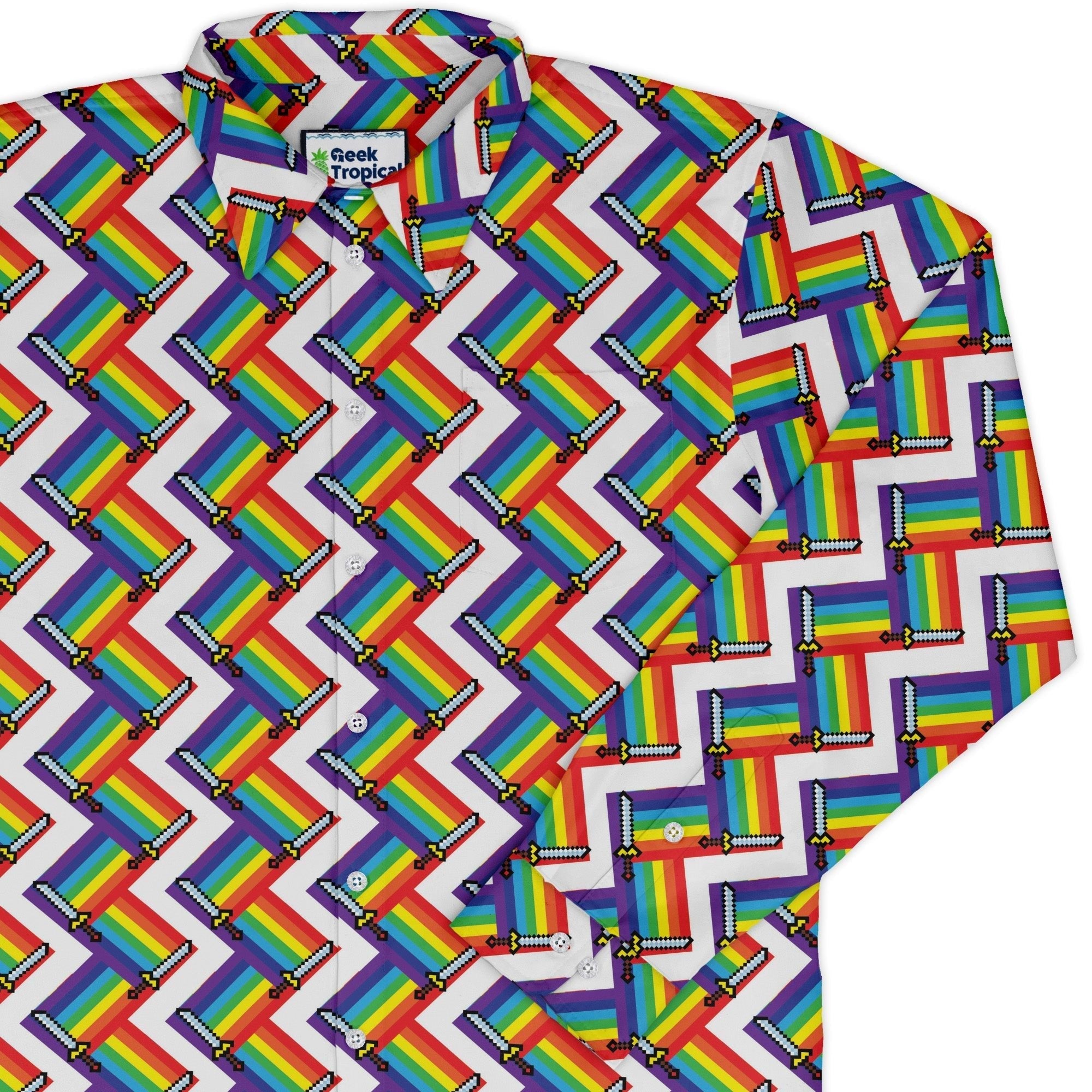 Video Game Swords Rainbow LGBTQ+ Pride Long Sleeve Button Up Shirt Geek Nerd adult sizing Design by Heather Davenport Pride Patterns