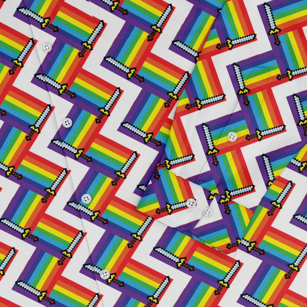 Video Game Swords Rainbow LGBTQ+ Pride Long Sleeve Button Up Shirt Geek Nerd adult sizing Design by Heather Davenport Pride Patterns