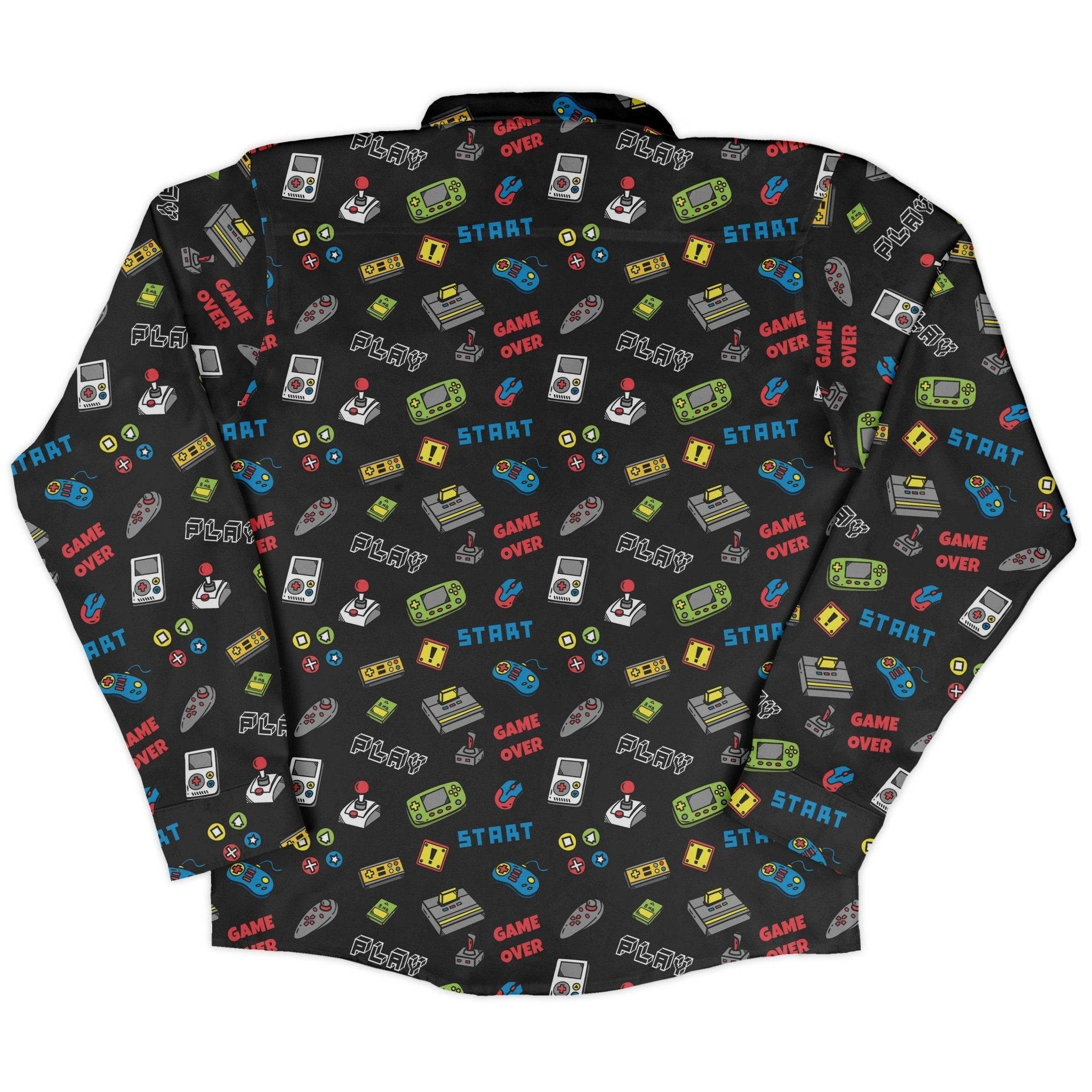 Video Gamer Black Video Game Long Sleeve Button Up Shirt Geek Nerd adult sizing video game arcade print