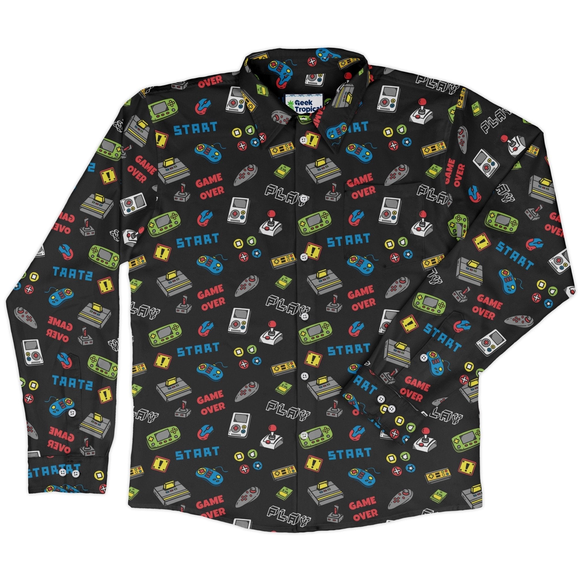 Video Gamer Black Video Game Long Sleeve Button Up Shirt Geek Nerd adult sizing video game arcade print