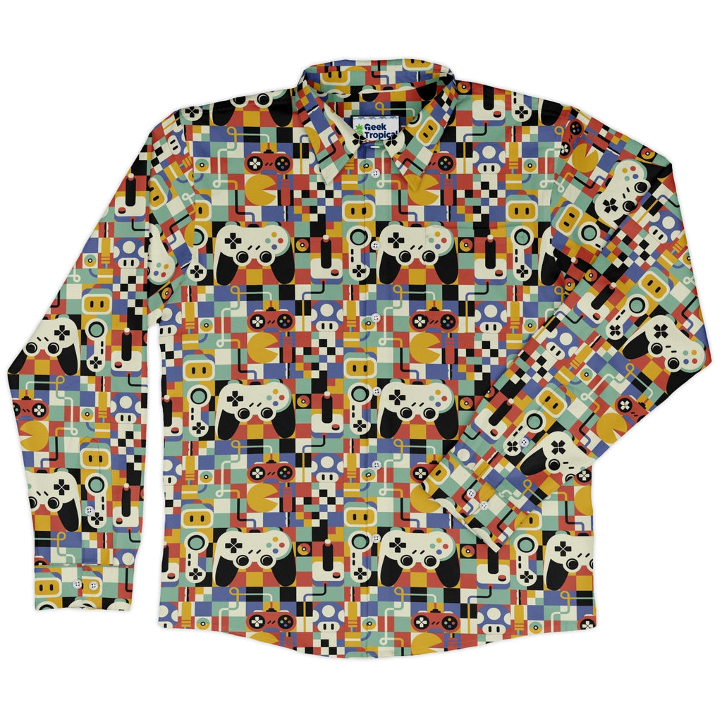 Vintage Gamer Art Long Sleeve Button Up Shirt Geek Nerd 0925 adult sizing All Adult Button Up Shirts