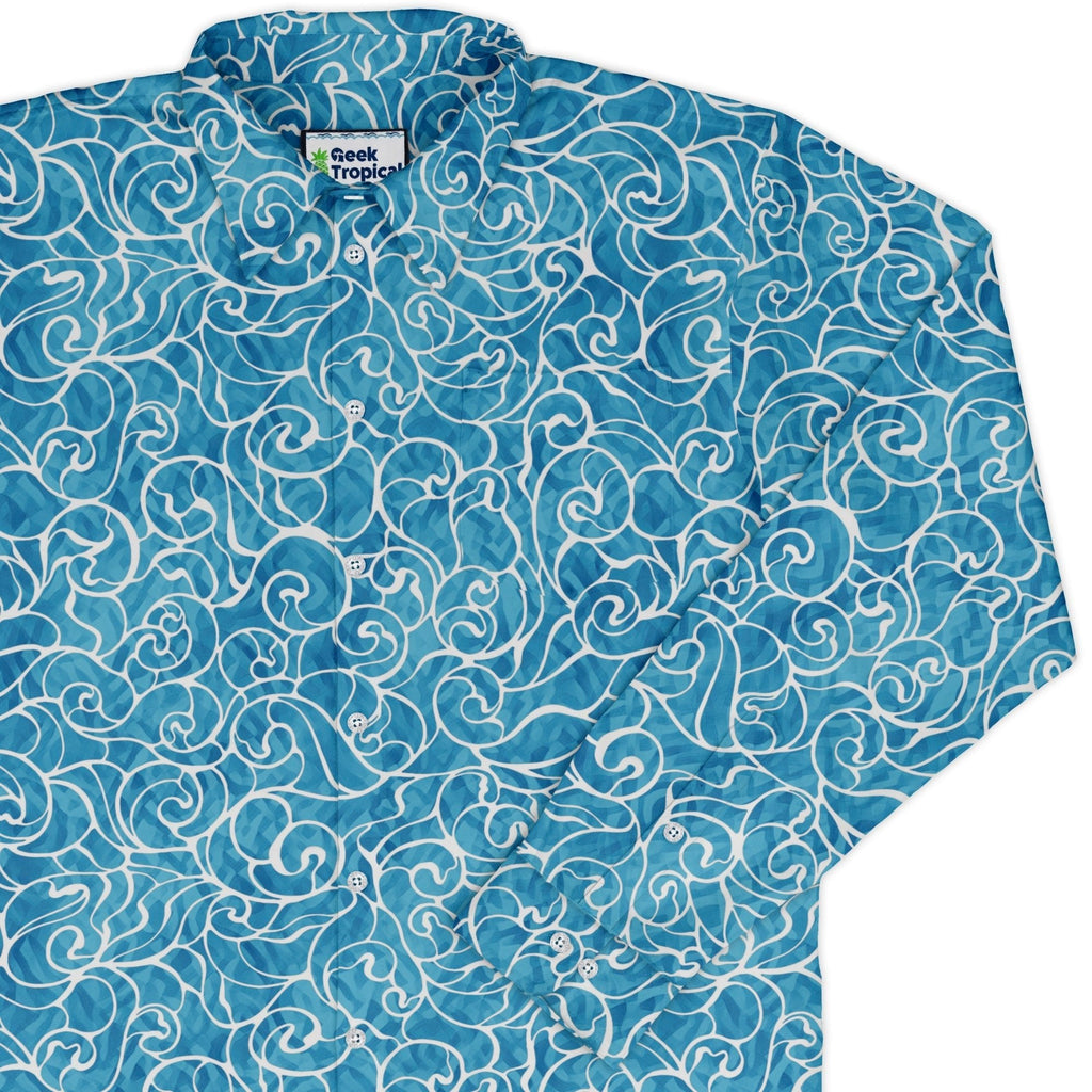 Waves light Long Sleeve Button Up Shirt Geek Nerd adult sizing Design By Brigid Ashwood Marine biology