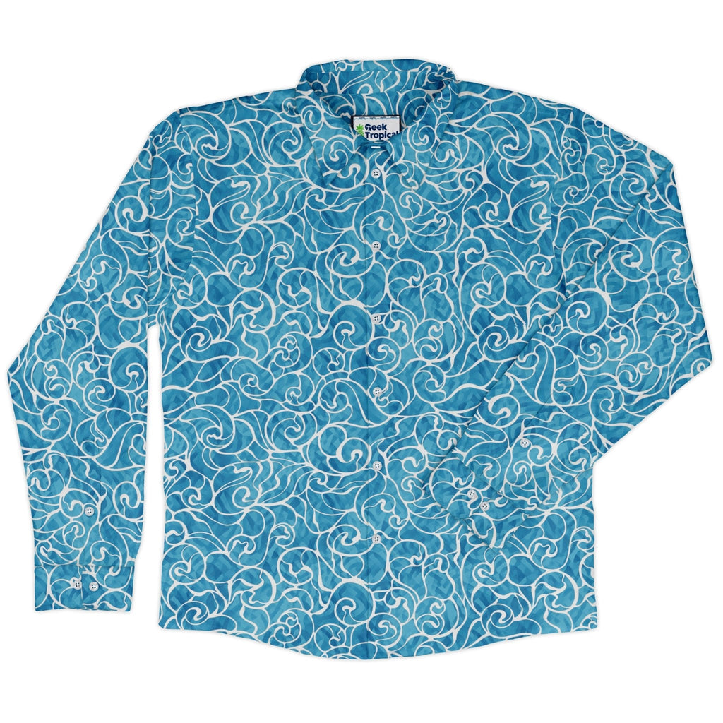 Waves light Long Sleeve Button Up Shirt Geek Nerd adult sizing Design By Brigid Ashwood Marine biology