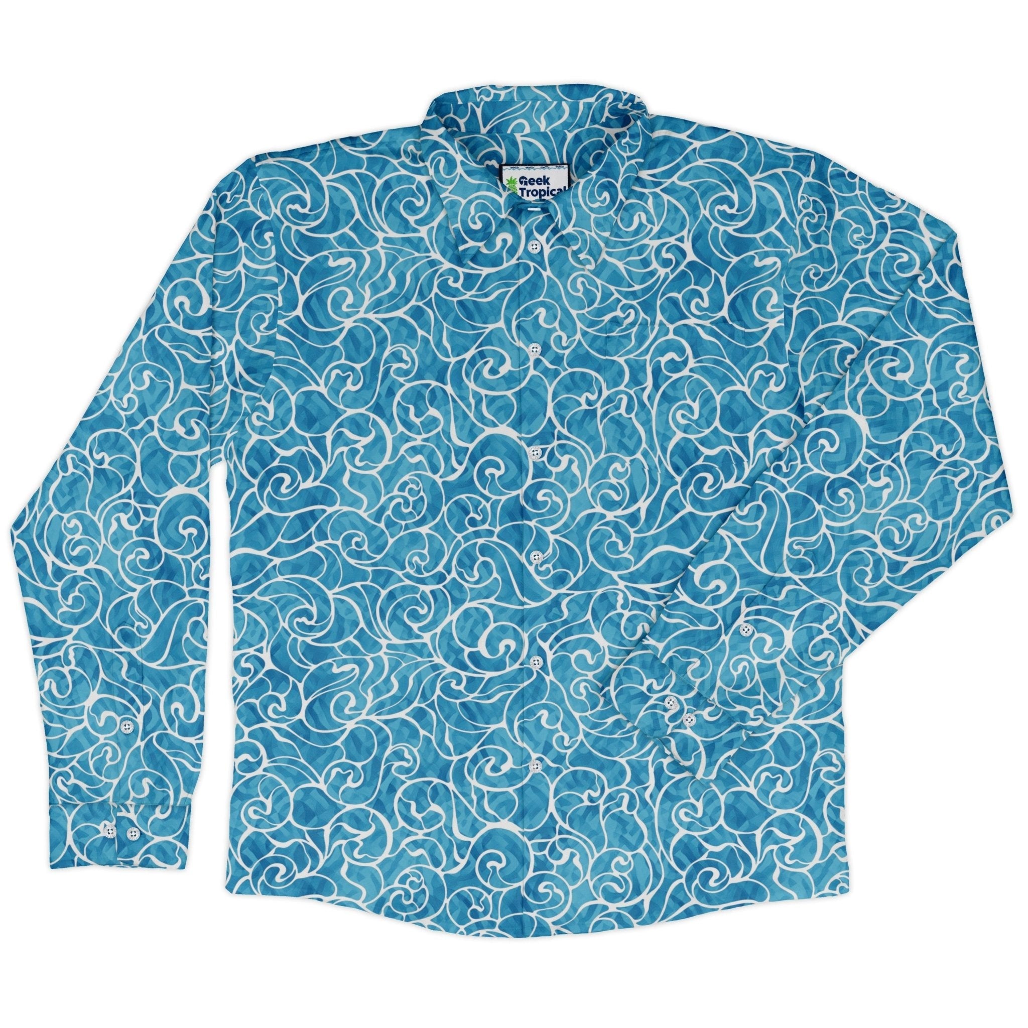 Waves light Long Sleeve Button Up Shirt Geek Nerd adult sizing Design By Brigid Ashwood Marine biology