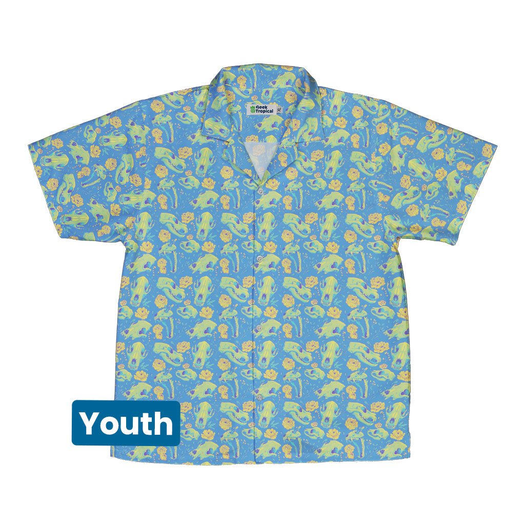 Wildfang Flora Blue Youth Hawaiian Shirt Geek Nerd animal patterns botany print Design by Julie Kitzes