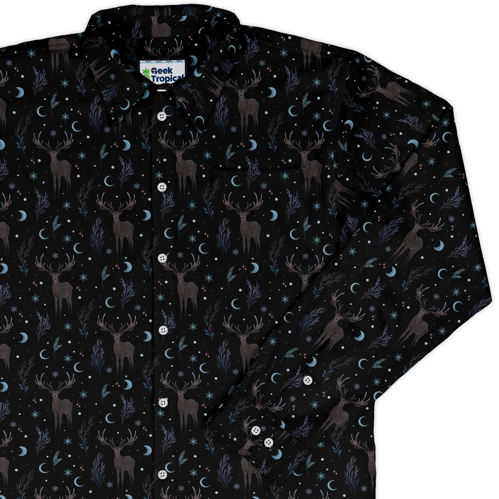 Winter Deer Long Sleeve Button Up Shirt Geek Nerd adult sizing Botany Print Christmas Print
