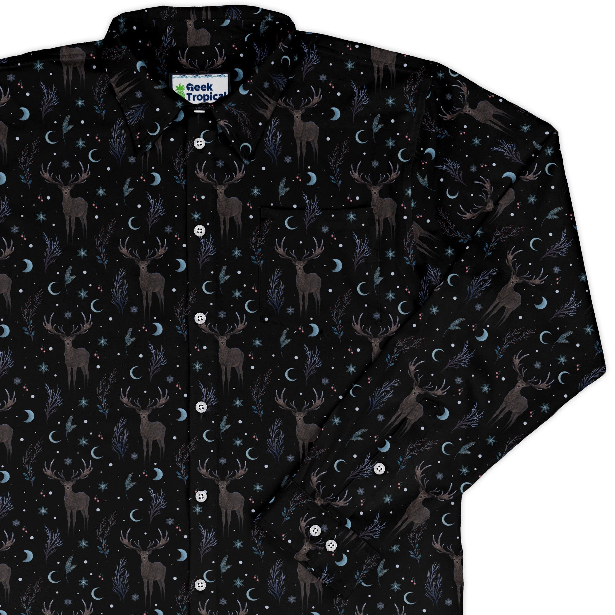 Winter Deer Long Sleeve Button Up Shirt Geek Nerd adult sizing Botany Print Christmas Print