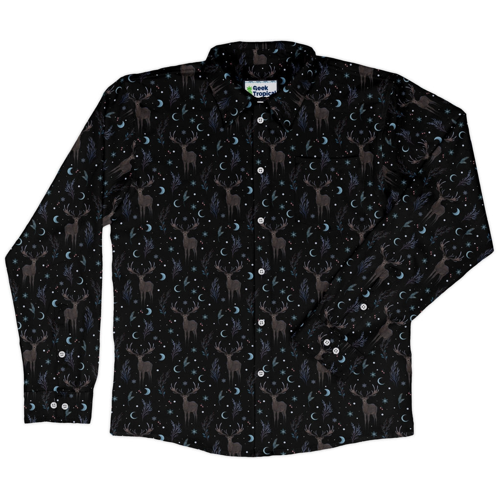 Winter Deer Long Sleeve Button Up Shirt Geek Nerd adult sizing Botany Print Christmas Print